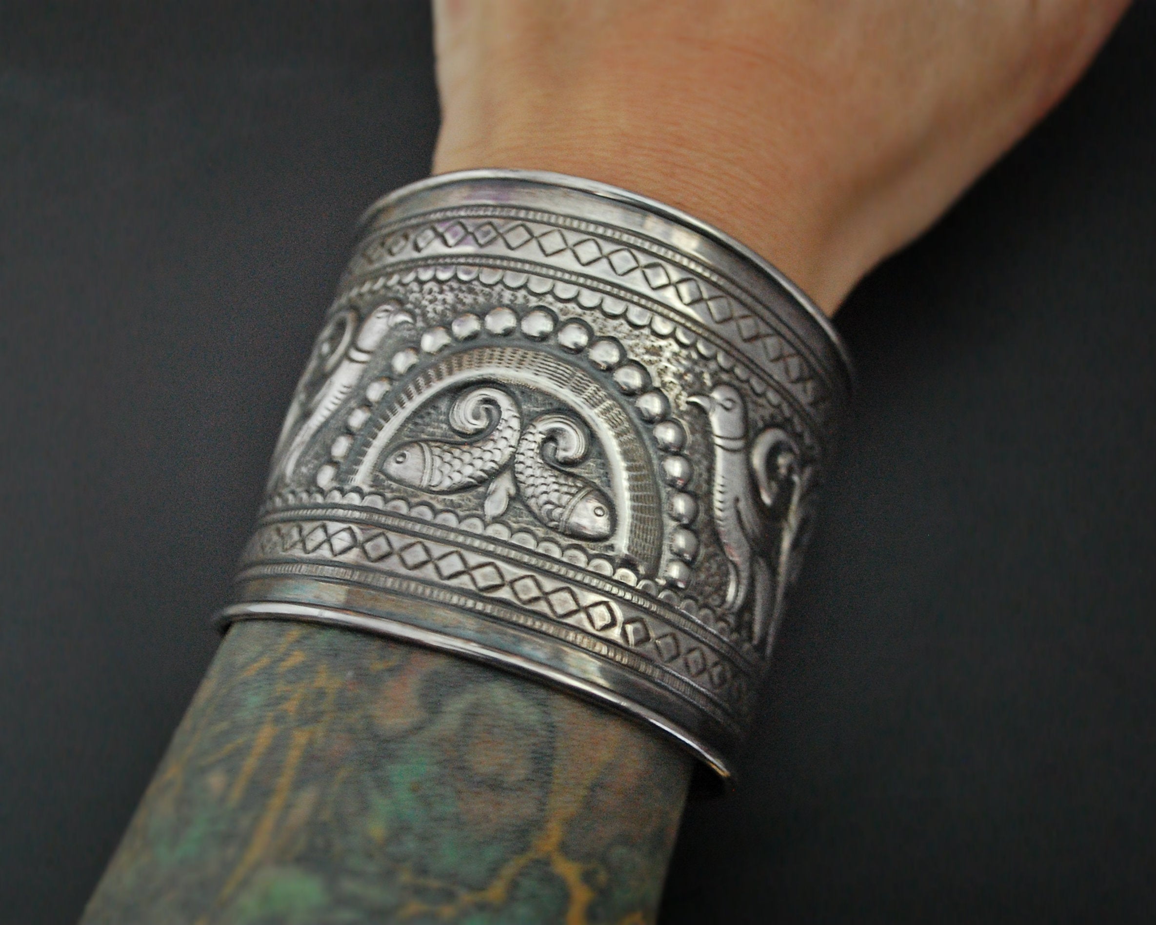 Wide Fish and Birds Silver Cuff Bracelet - Sterling Silver