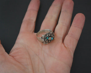 Old Afghani Silver Turquoise Ring - Size 8.5