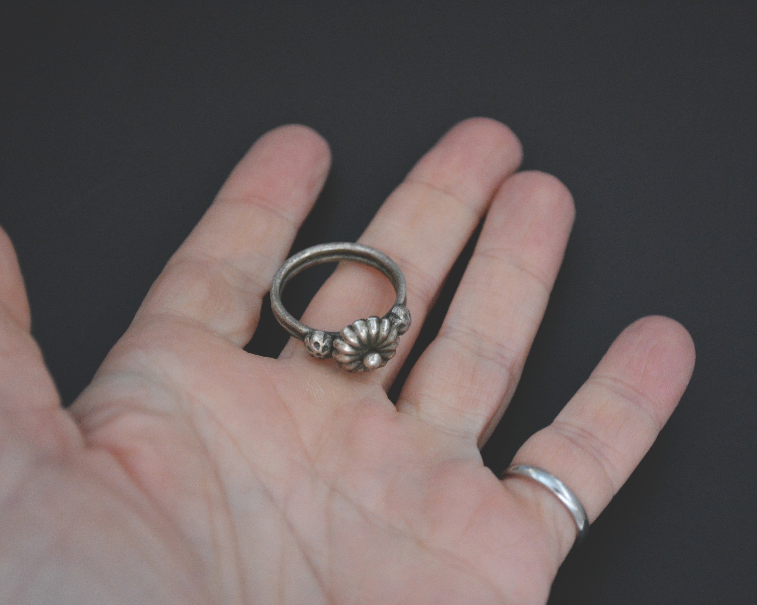 Old Rajasthani Silver Flowery Ring - Size 9