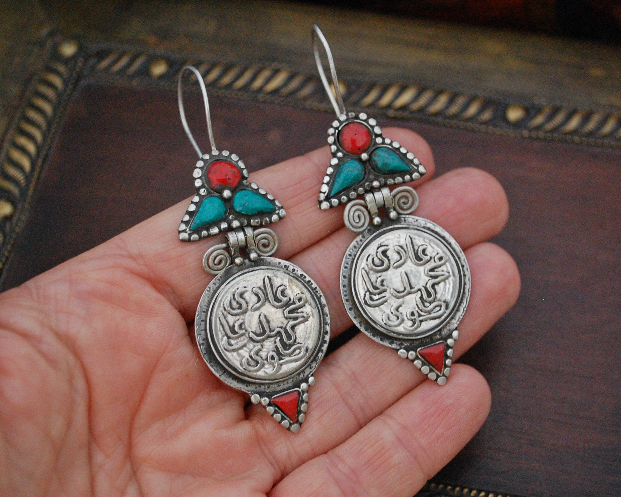 Afghani Coin Earrings with Turquoise and Coral