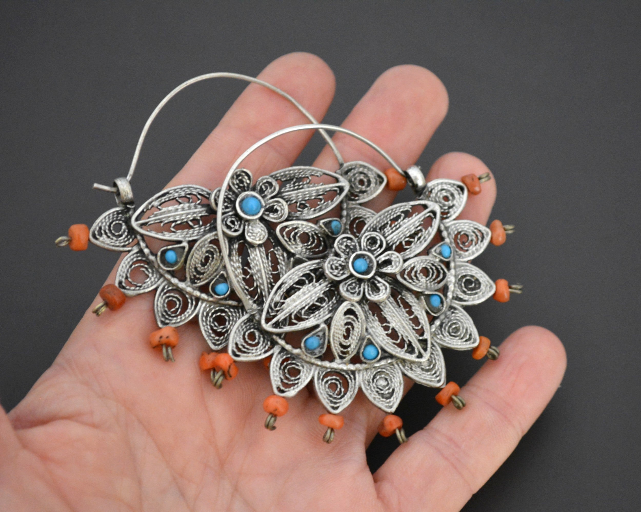 Uzbek Coral Turquoise Filigree Hoop Earrings