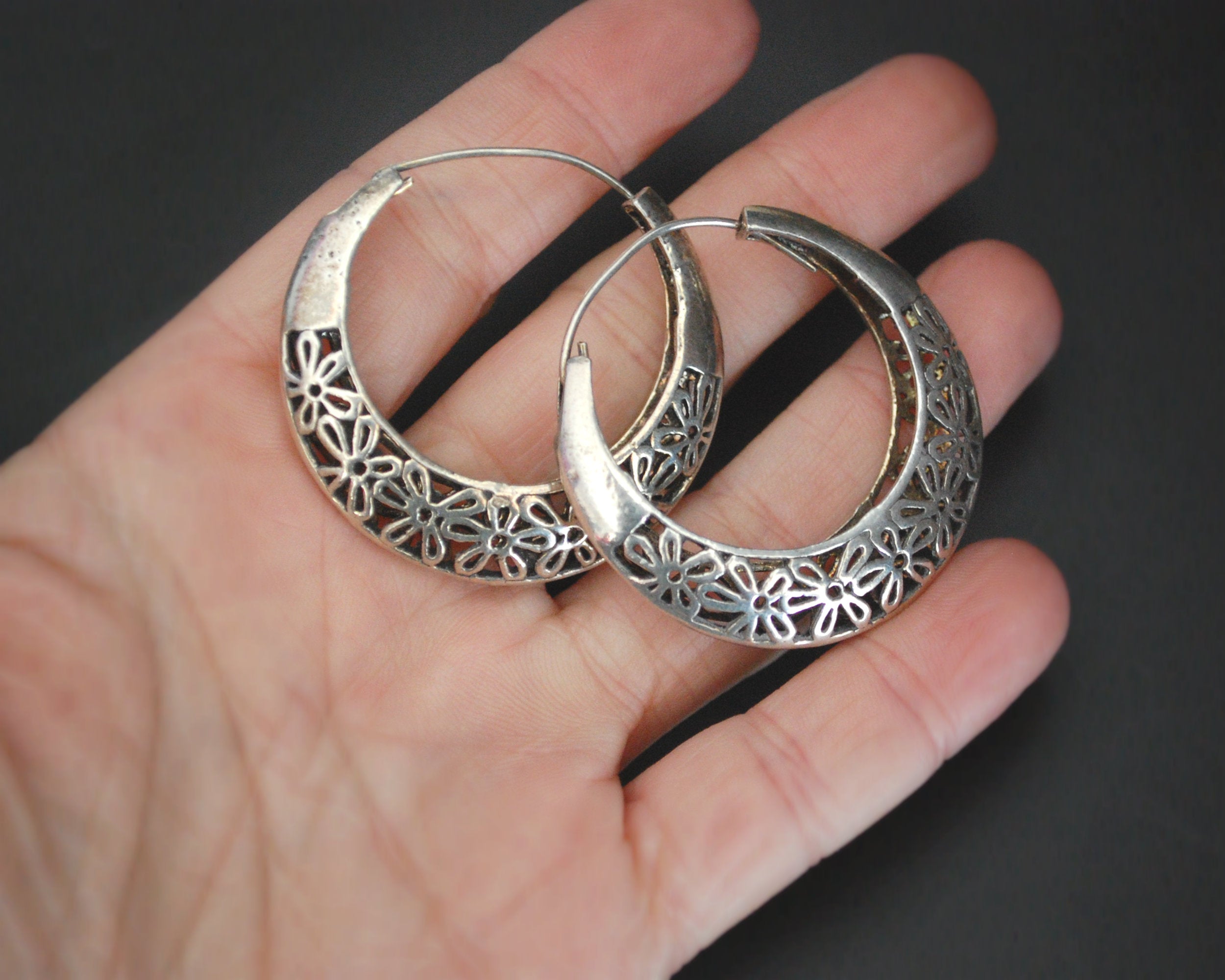 Ethnic Hoop Earrings with Flower Design