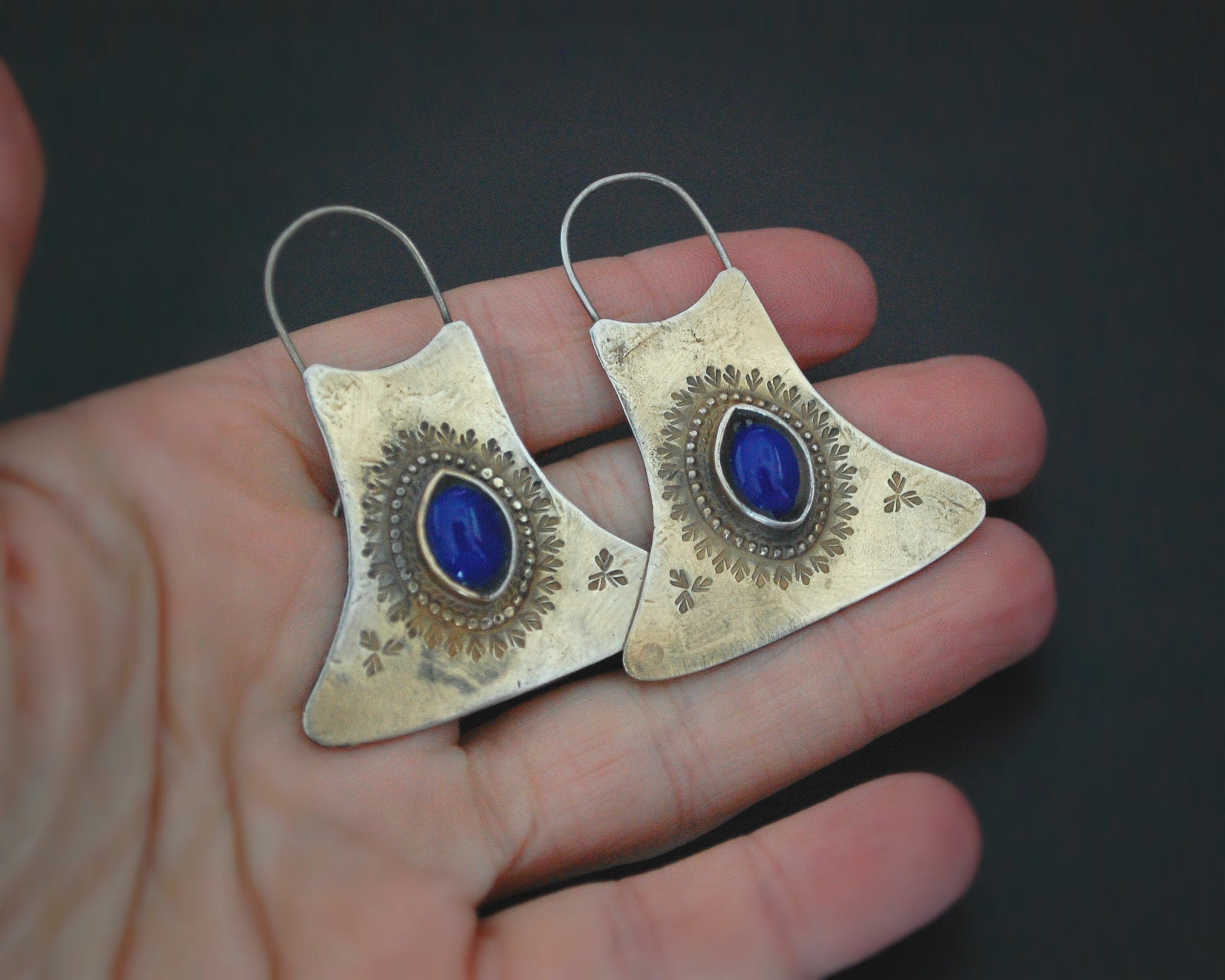 Ethnic Gilded Lapis Lazuli Earrings with Engravings