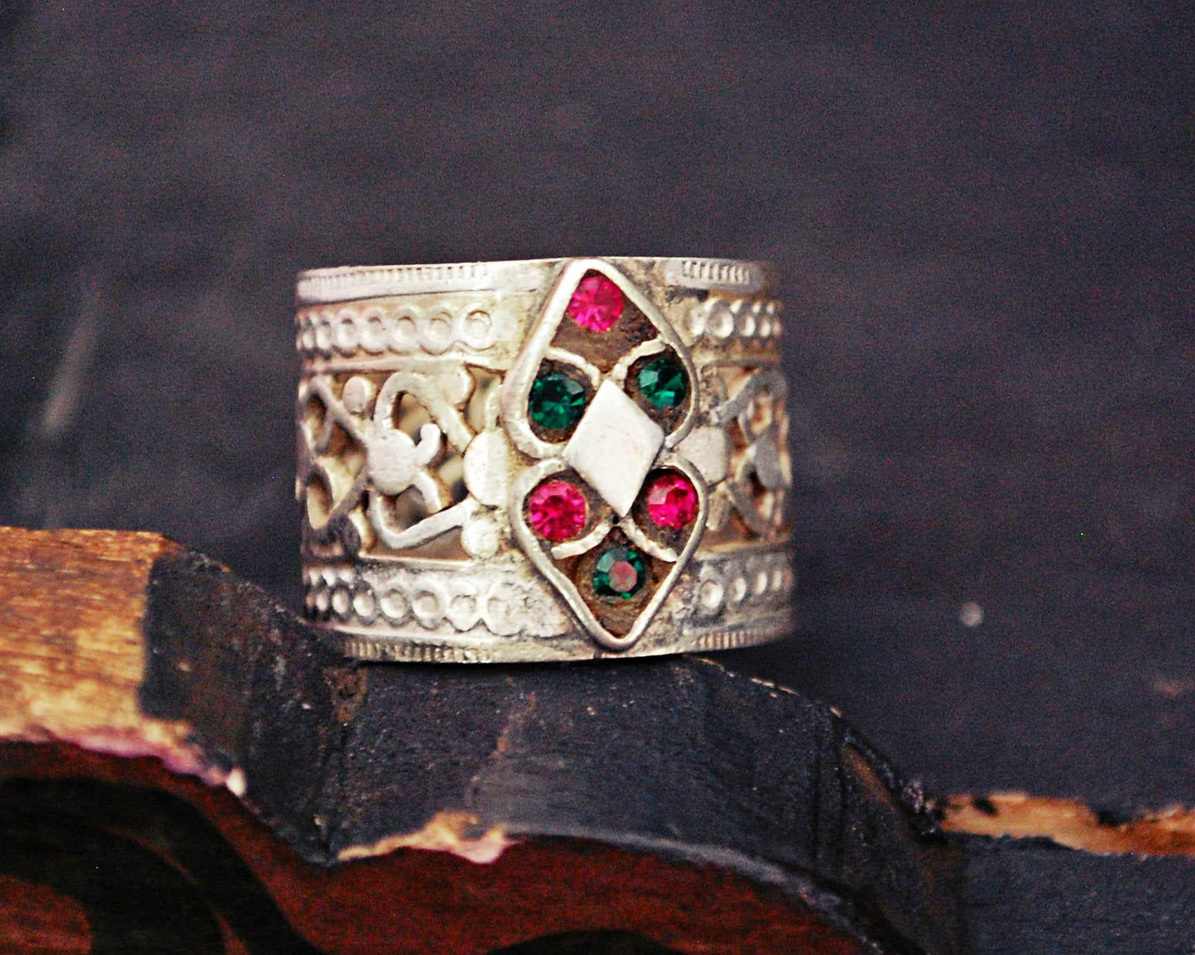 Antique Afghani Openwork Band Ring with Glass Stones - Size 8