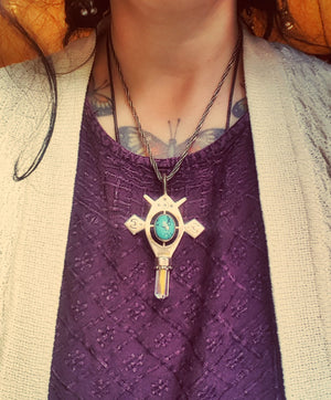 Tuareg Style Silver Cross Pendant with Turquoise and Crystal Quartz Tip
