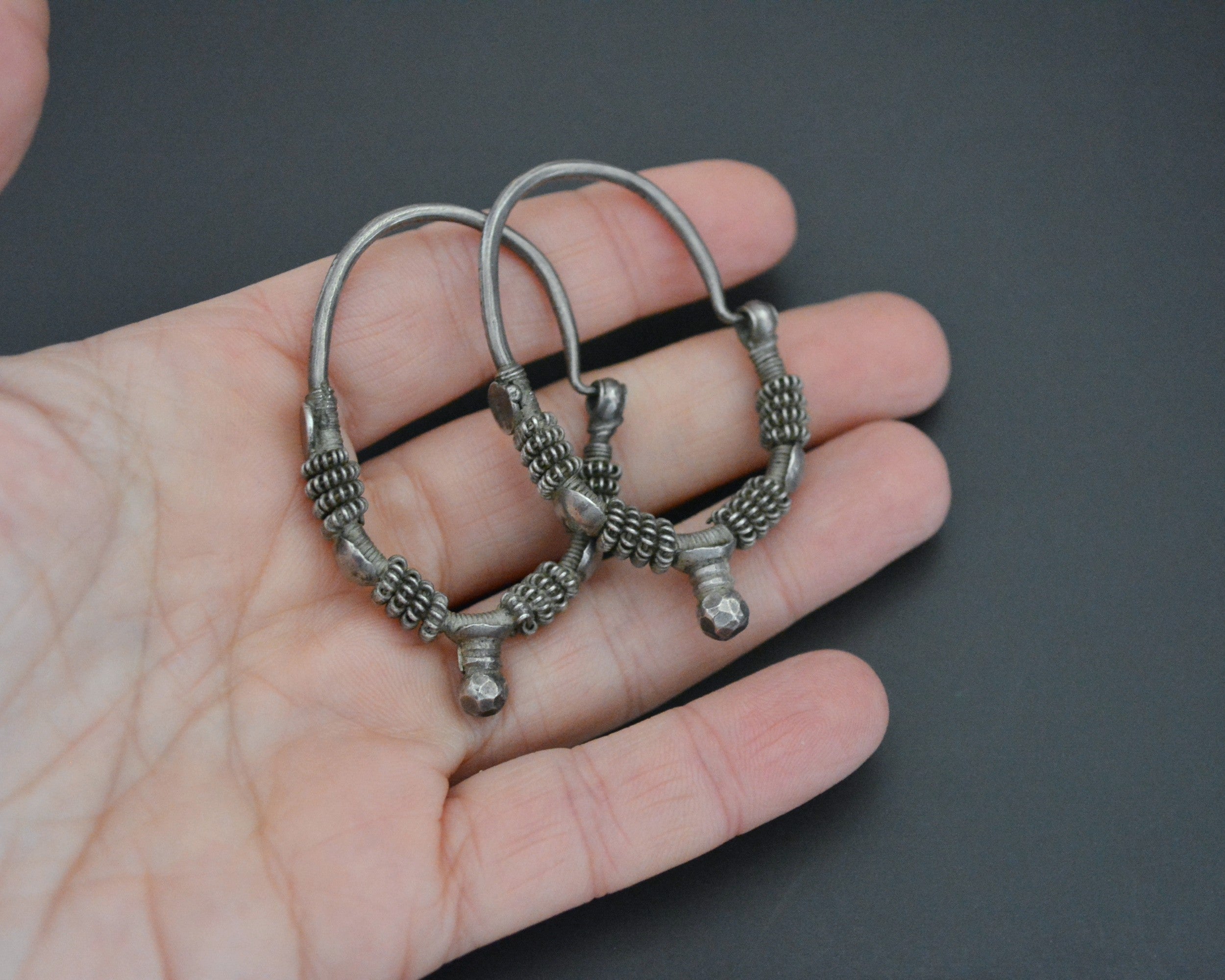 Old Large Gujarati Hoop Earrings - Old Silver