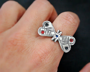Saharan Tuareg Silver Ring with Enamel - Size 6.5