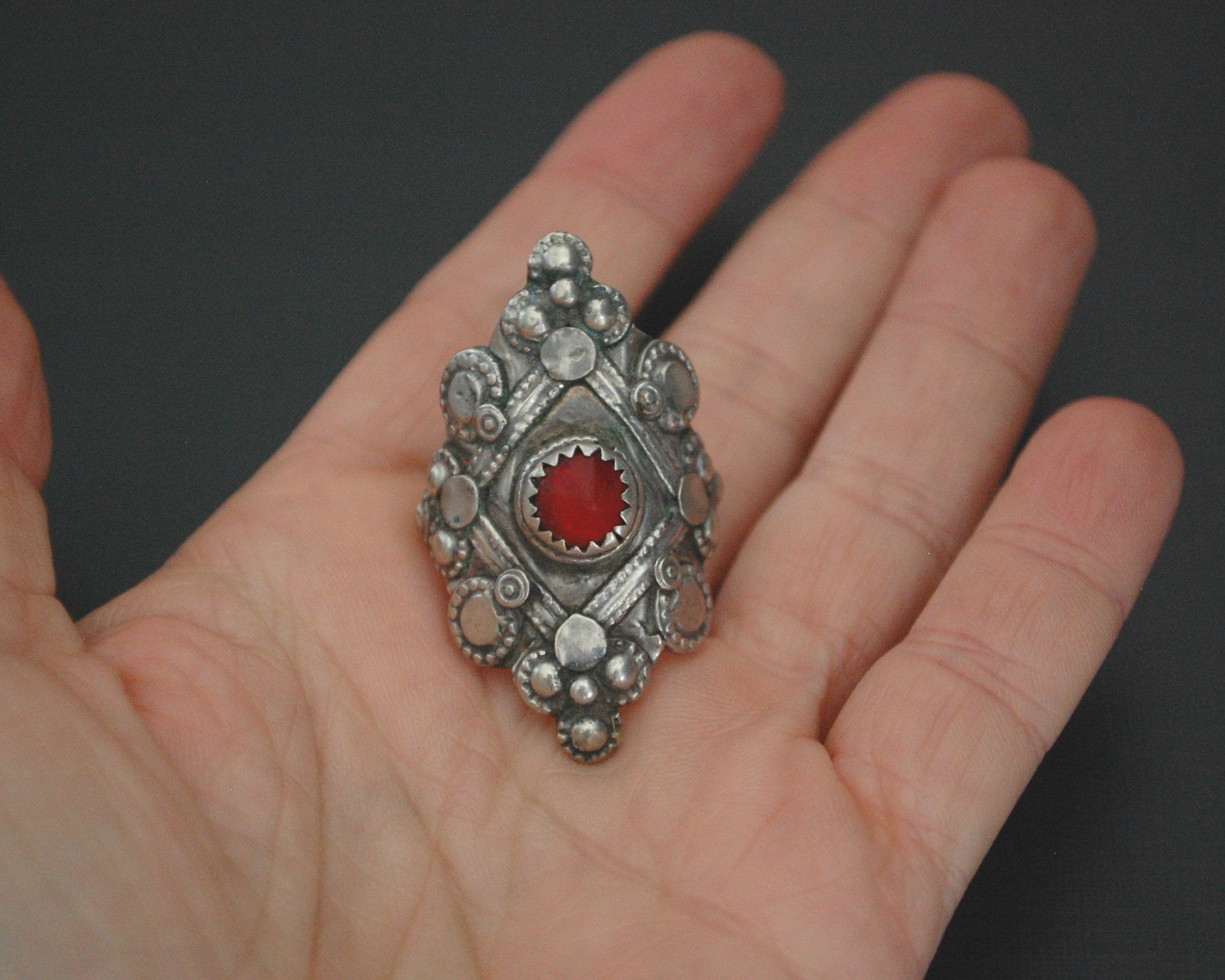 Afghani Tribal Silver Ring with Red Glass - Size 9