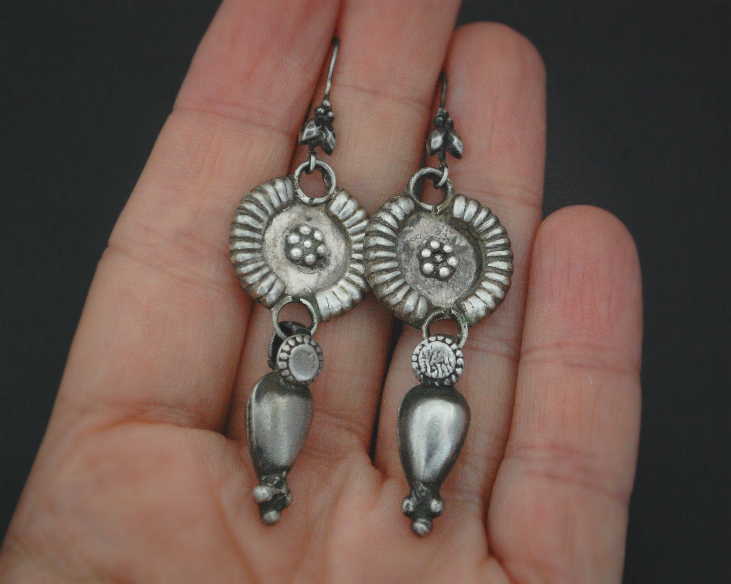 Rajasthani Flowery Silver Earrings with Dangles