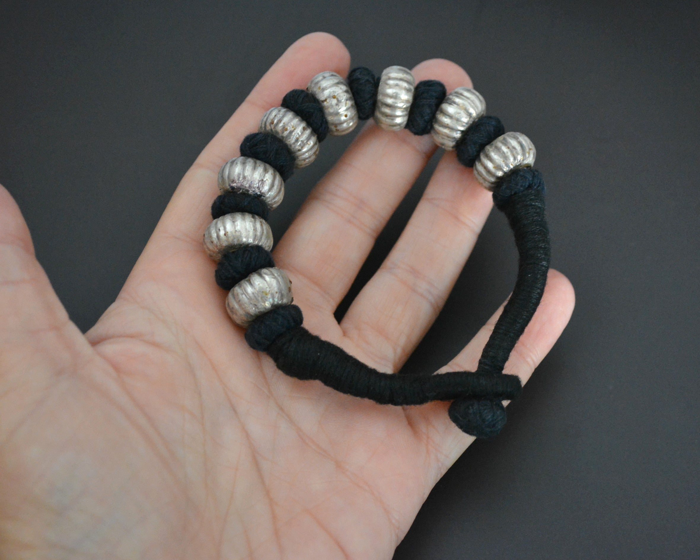 Rajasthani Silver Wax Beads Cotton Bracelet - Black - MEDIUM