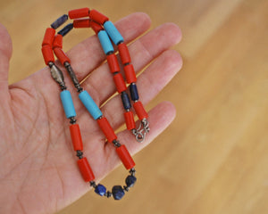 Ethnic Coral, Turquoise and Lapis Lazuli Silver Beads Necklace from India