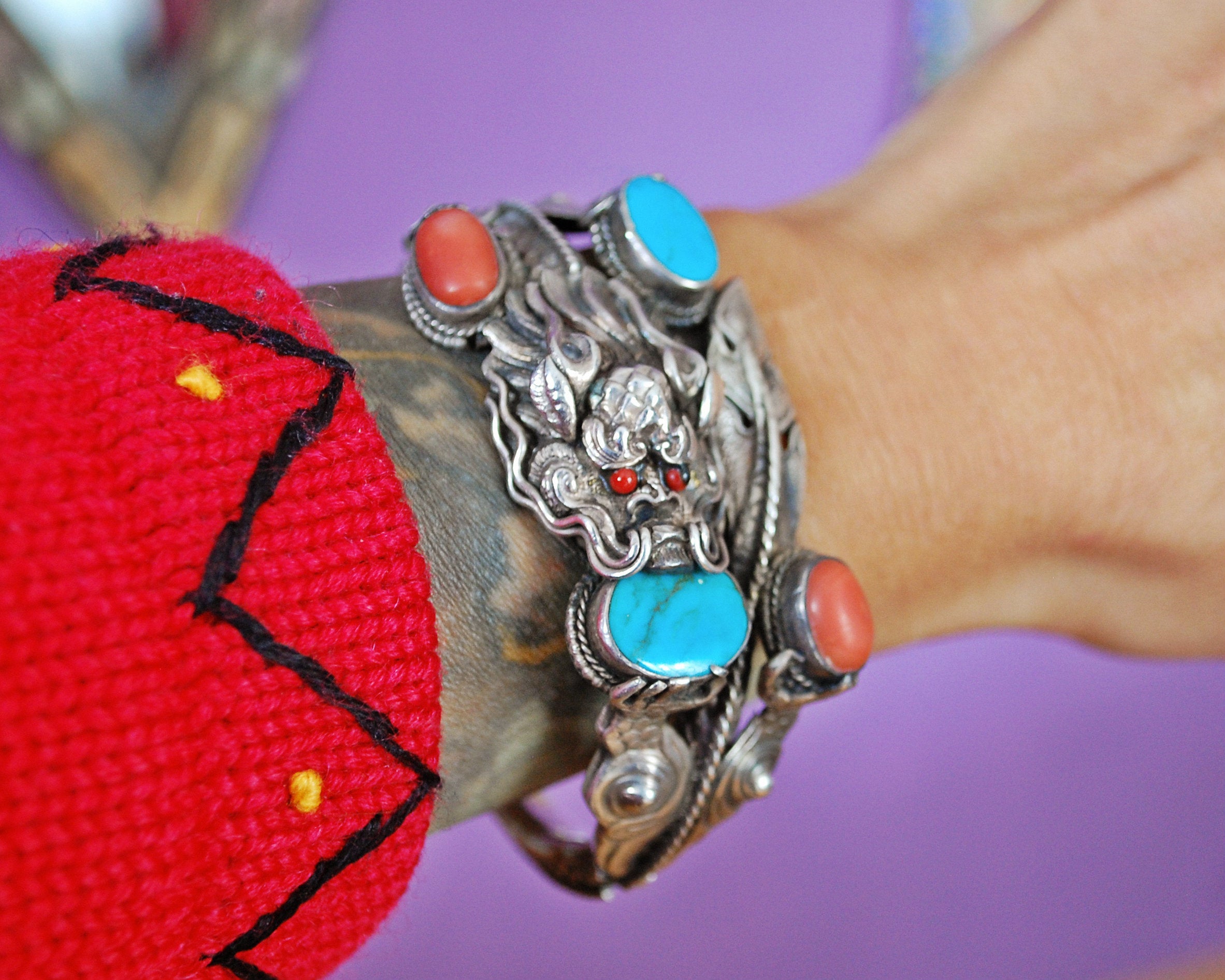 Fabulous Nepali Dragon Bracelet with Coral and Turquoises