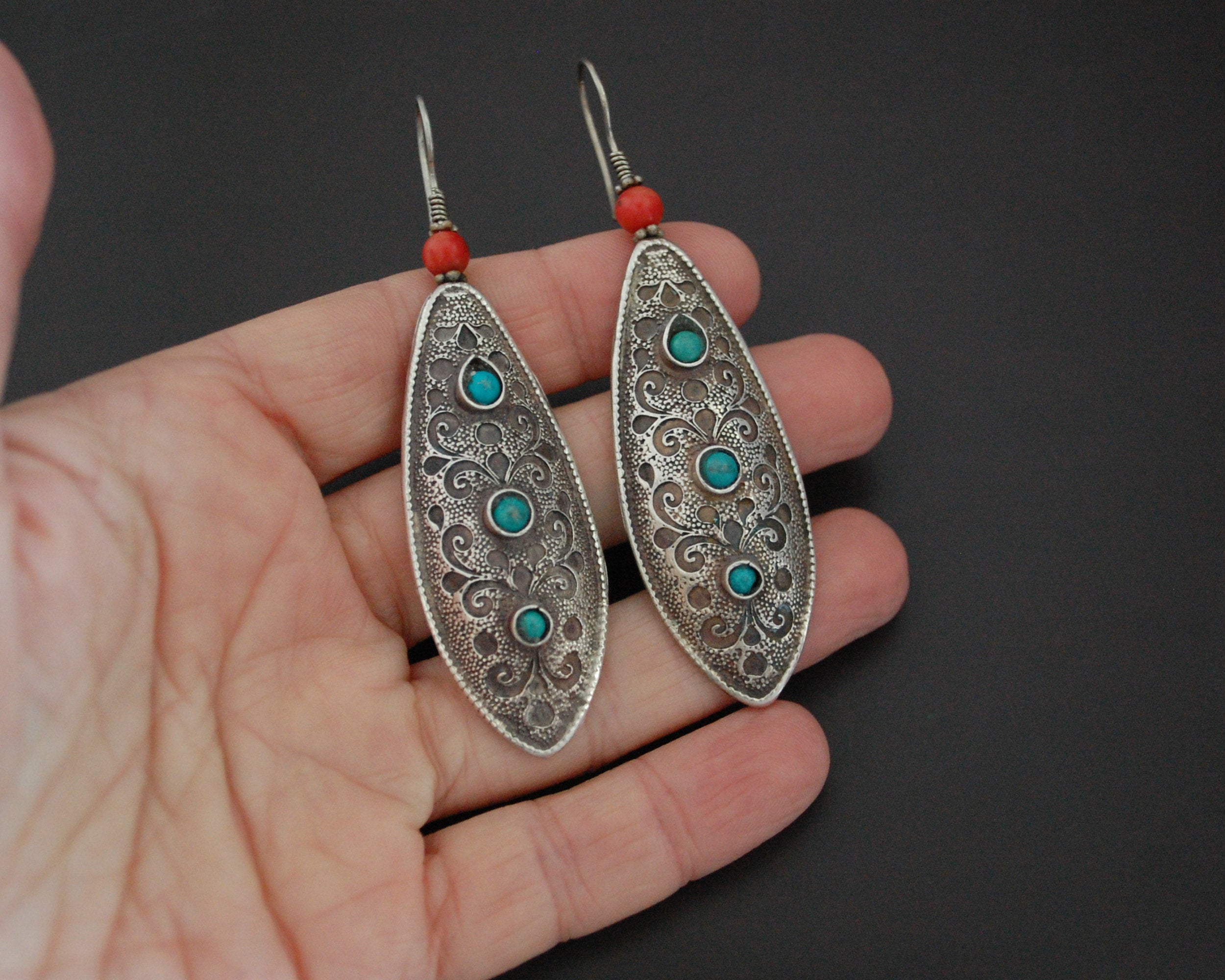 Ethnic Coral Turquoise Long Earrings