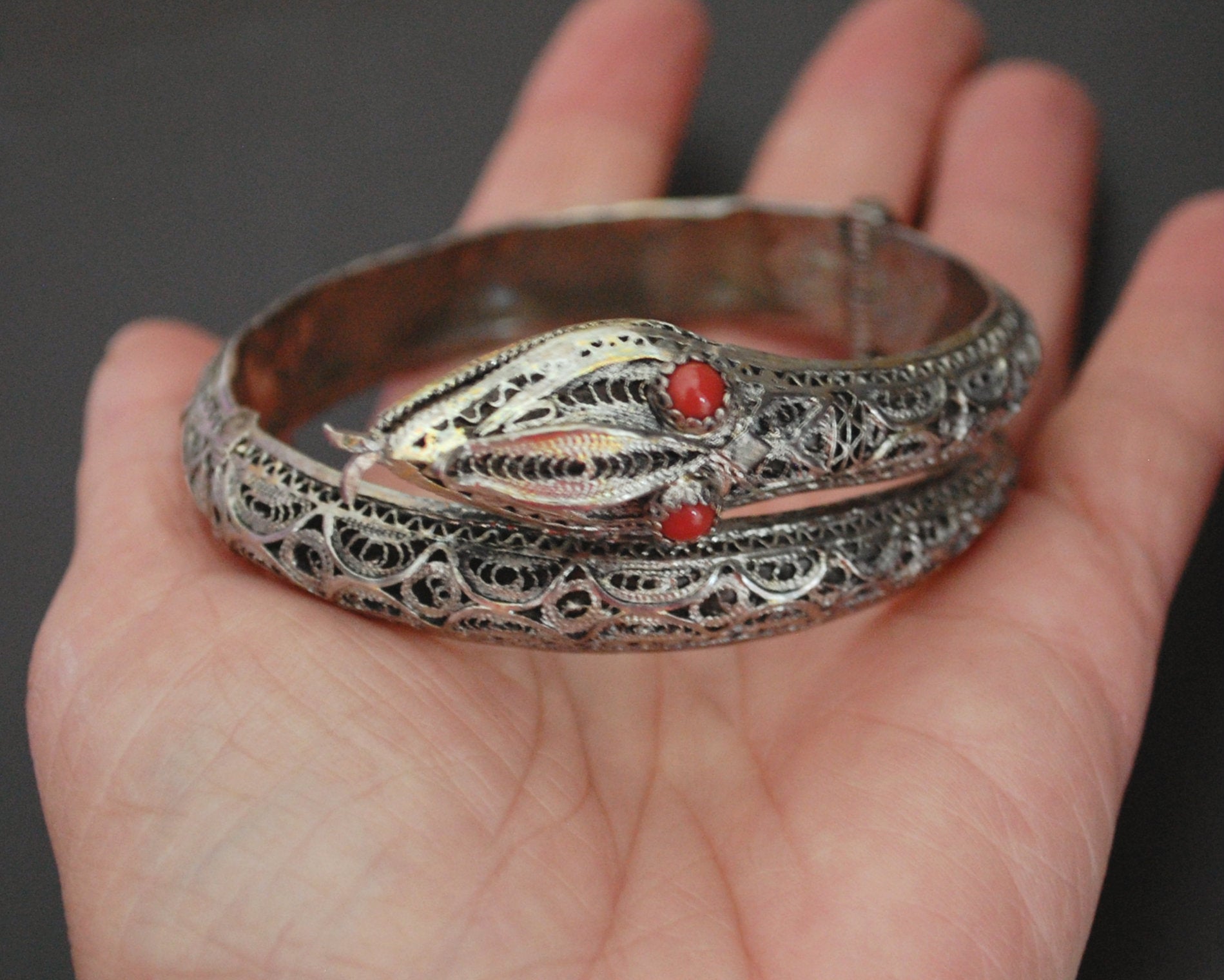 Antique Ottoman Filigree Snake Bracelet with Coral Eyes