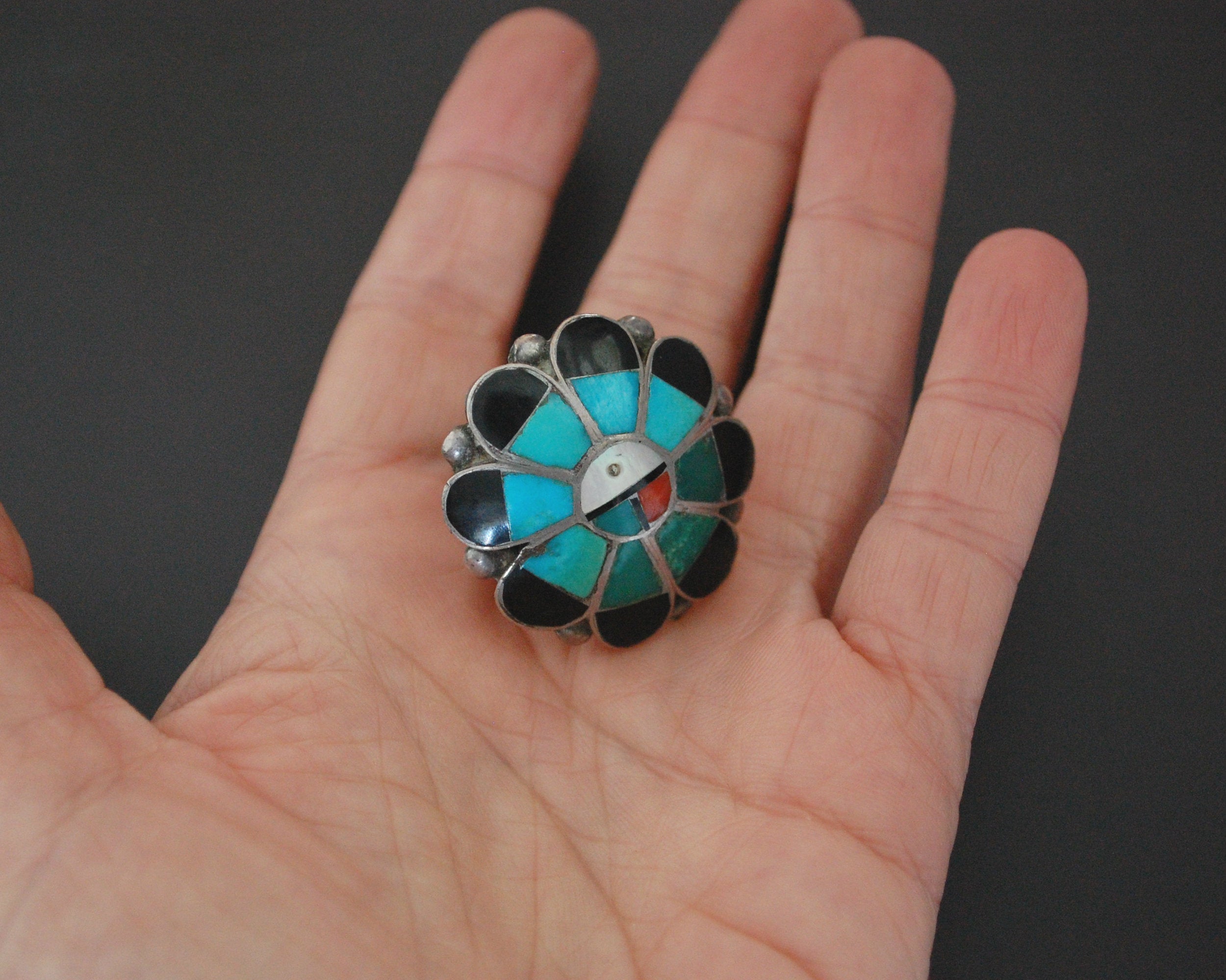 Zuni Sunface Multistone Inlay Ring - Size 8.75