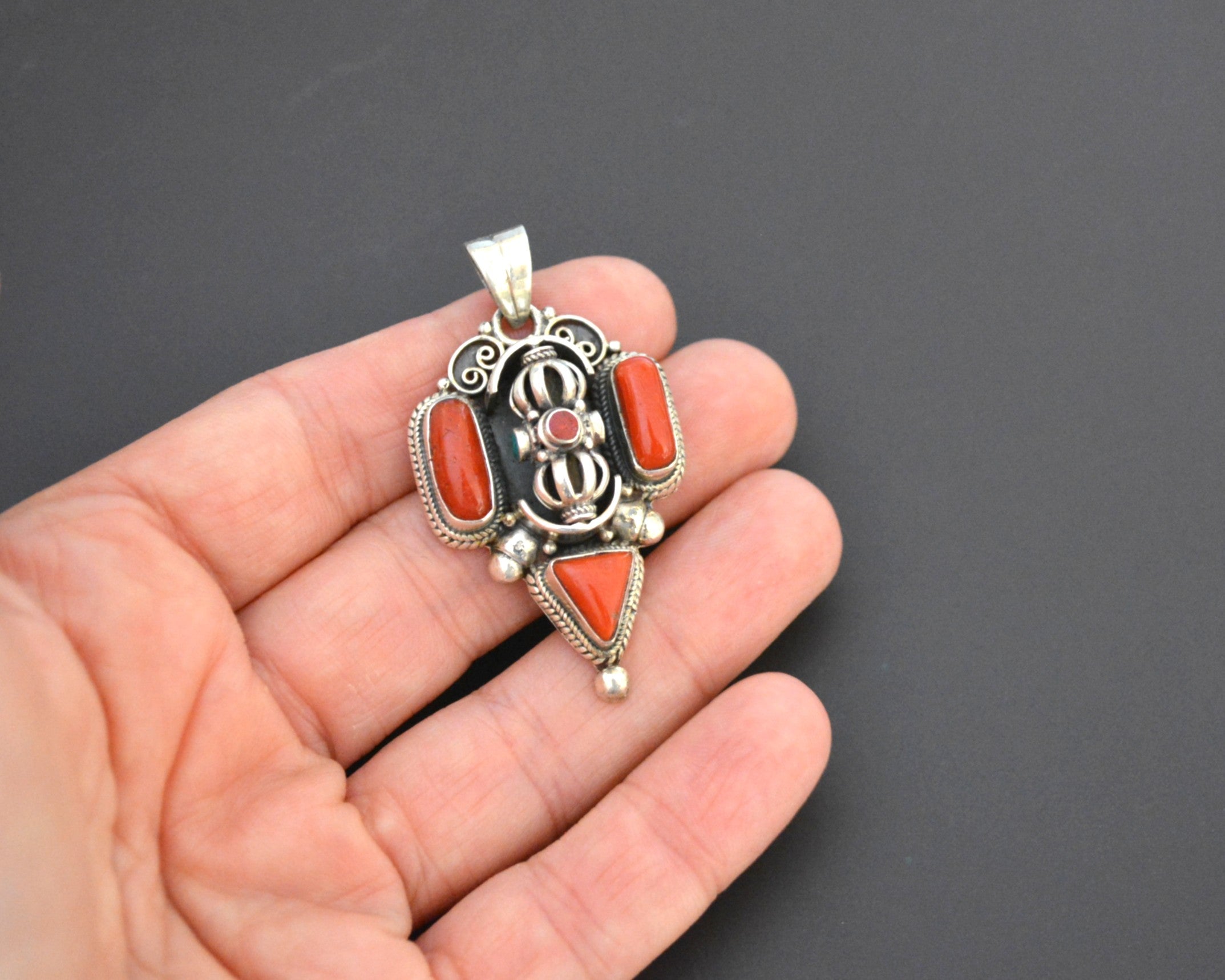 Vintage Nepali Coral Turquoise Dorje Pendant