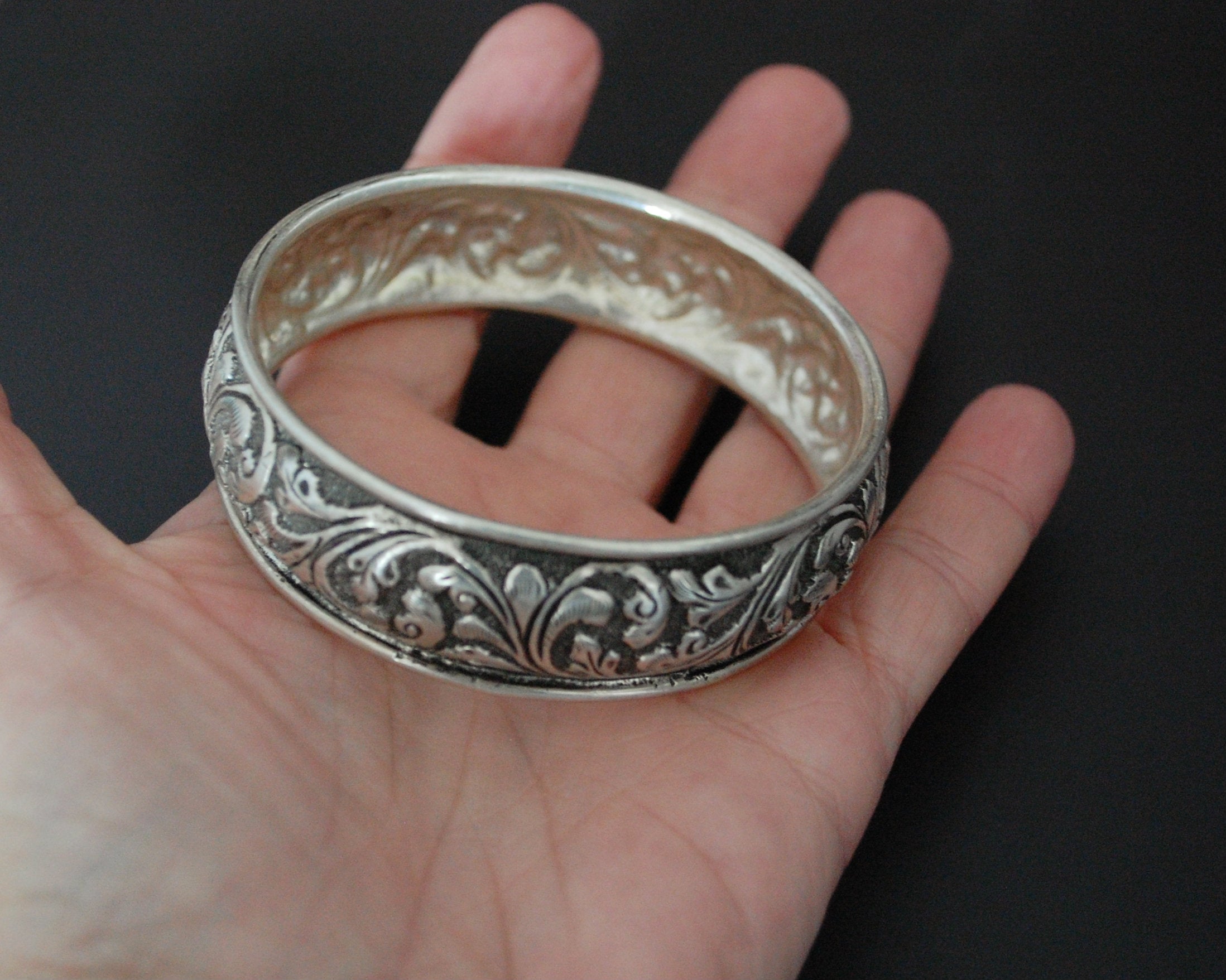 Repoussee Indian Bangle Bracelet - Sterling Silver