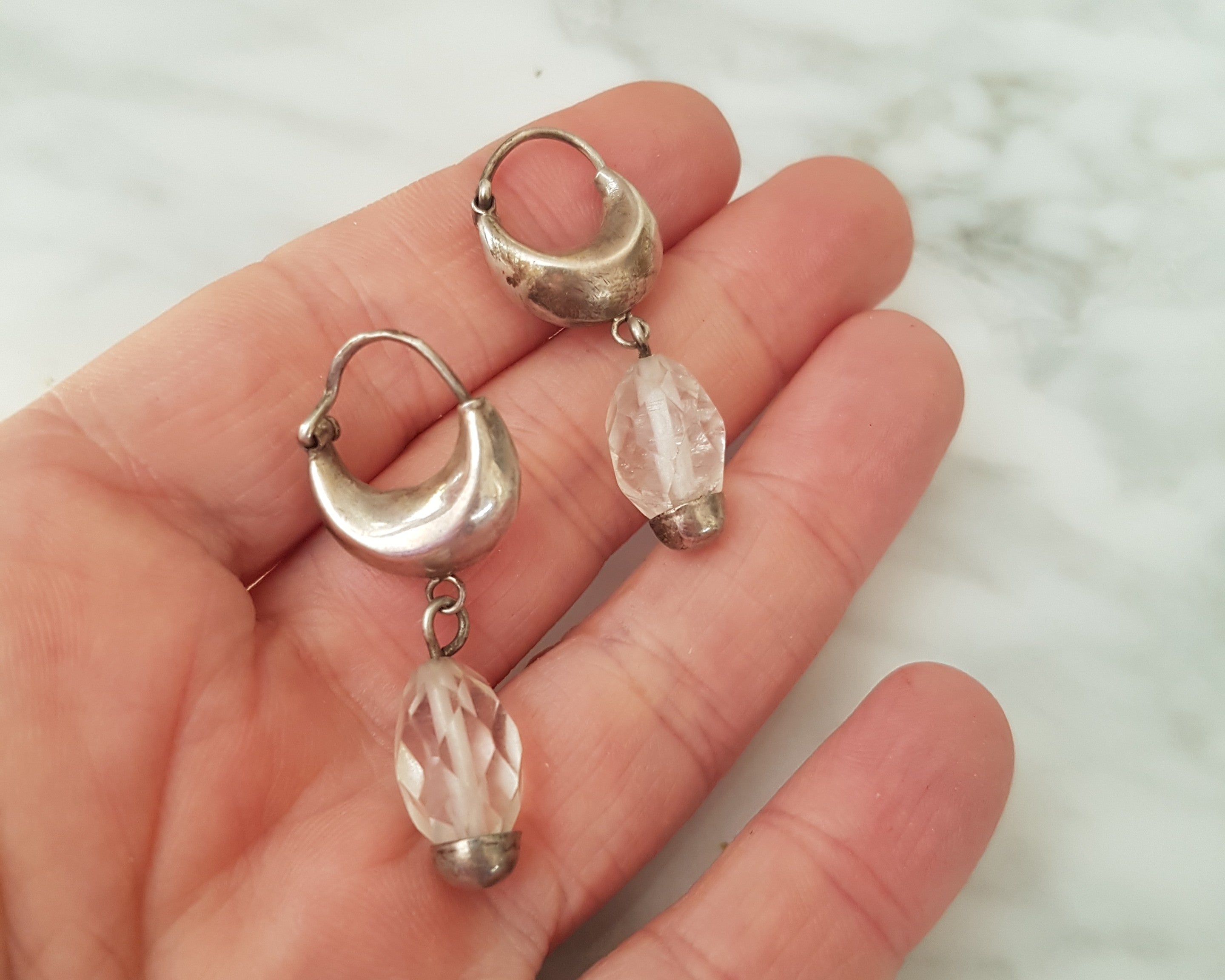 Reserved for L. - Ethnic Hoop Earrings with Crystal Quartz Dangles