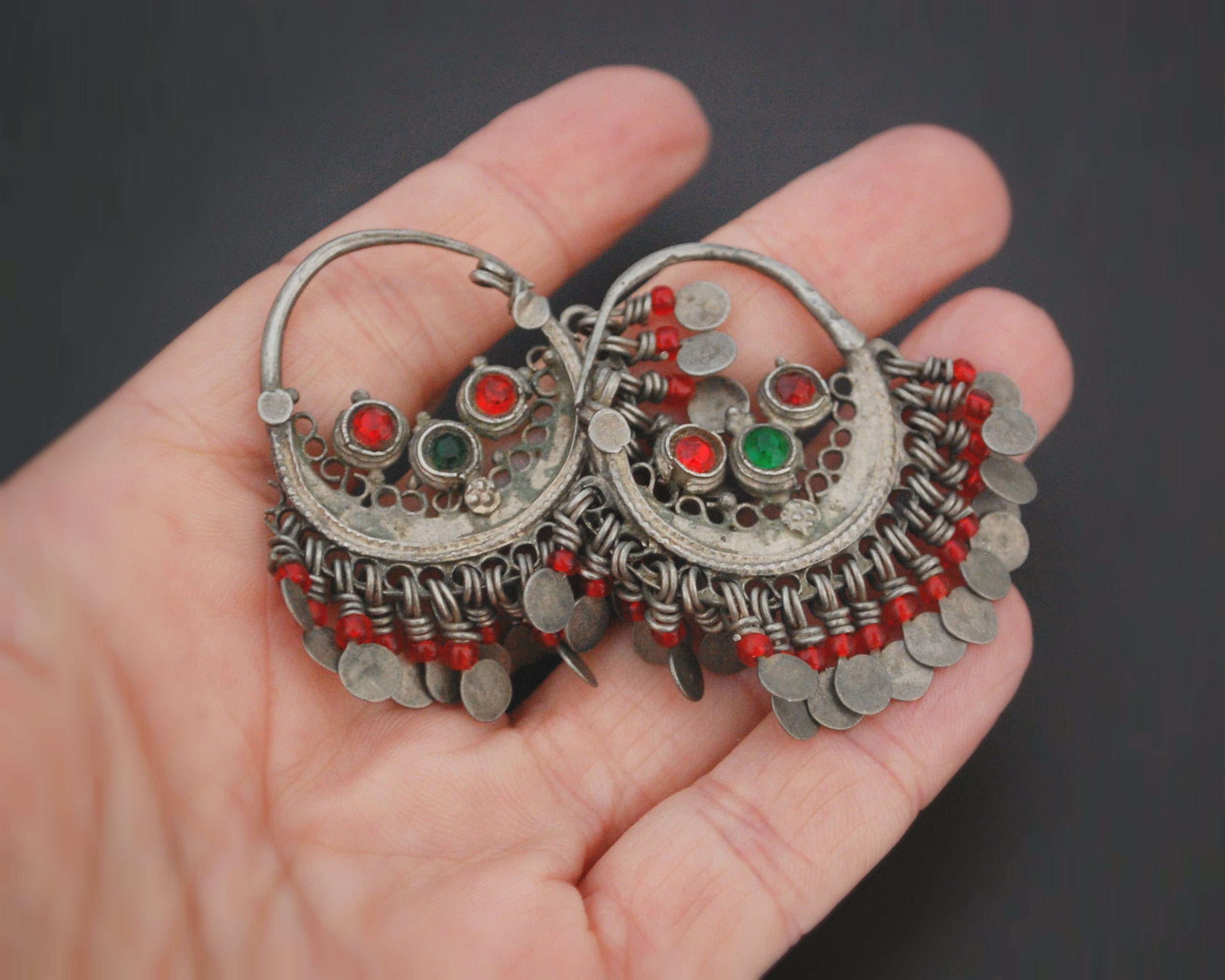 Afghani Hoop Earrings with Red Glass Tassels