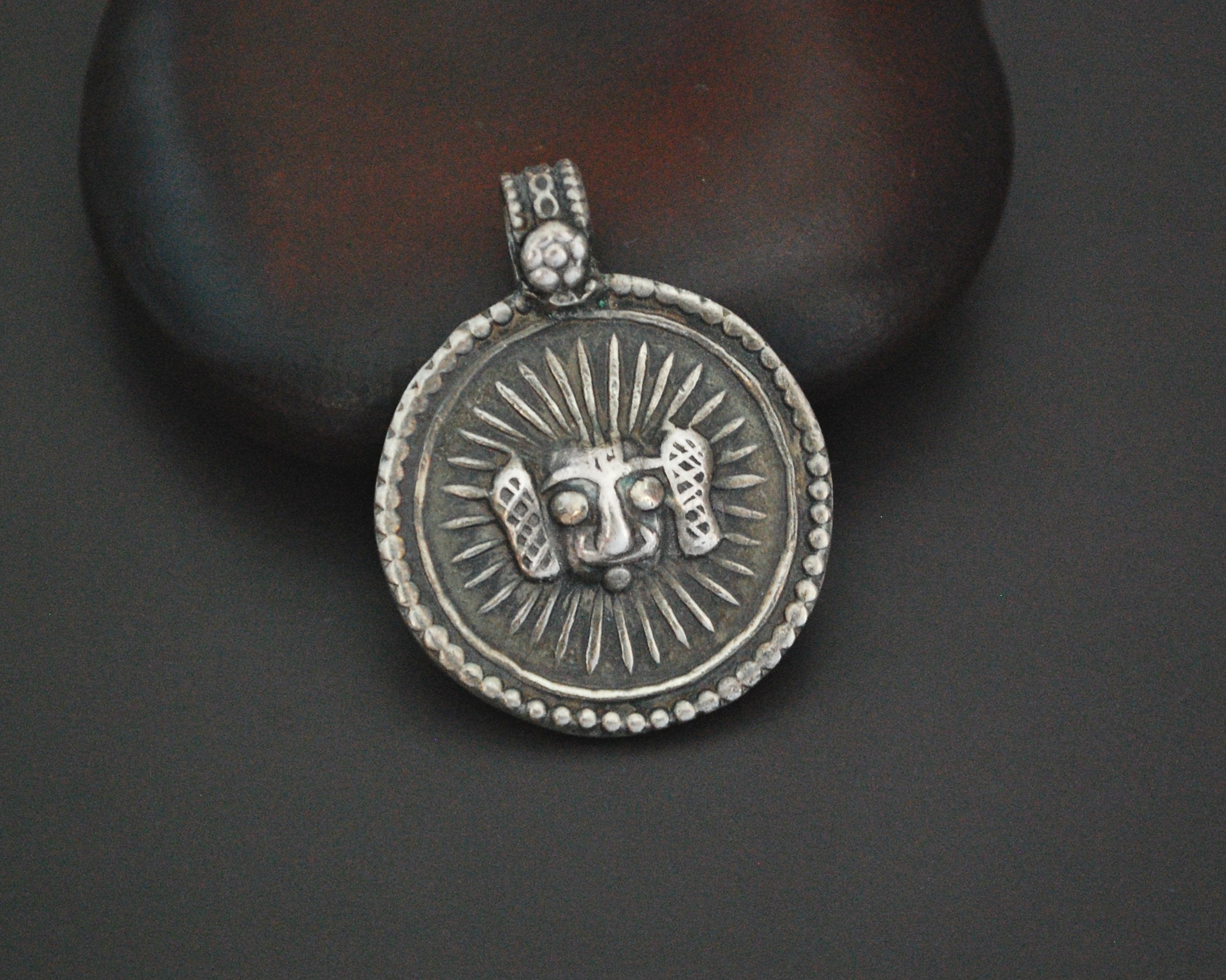 Indian Surya Silver Pendant with Flower on the Bale