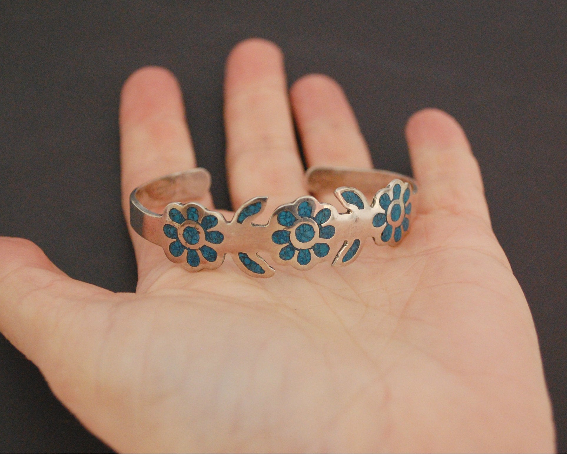 Vintage Mexican Turquoise Chip Inlay Cuff Bracelet - SMALL