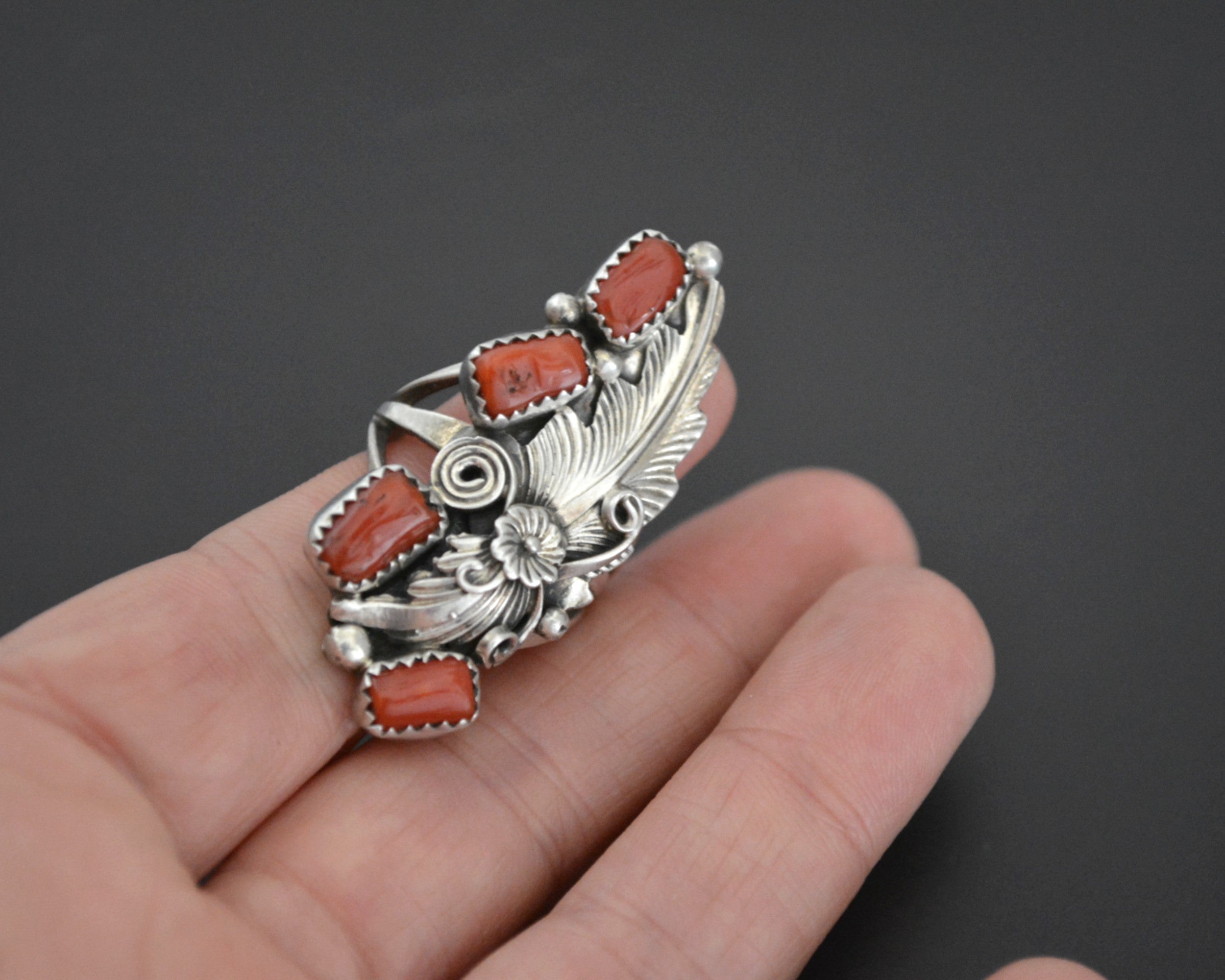 Native American Coral Ring - Size 7.5