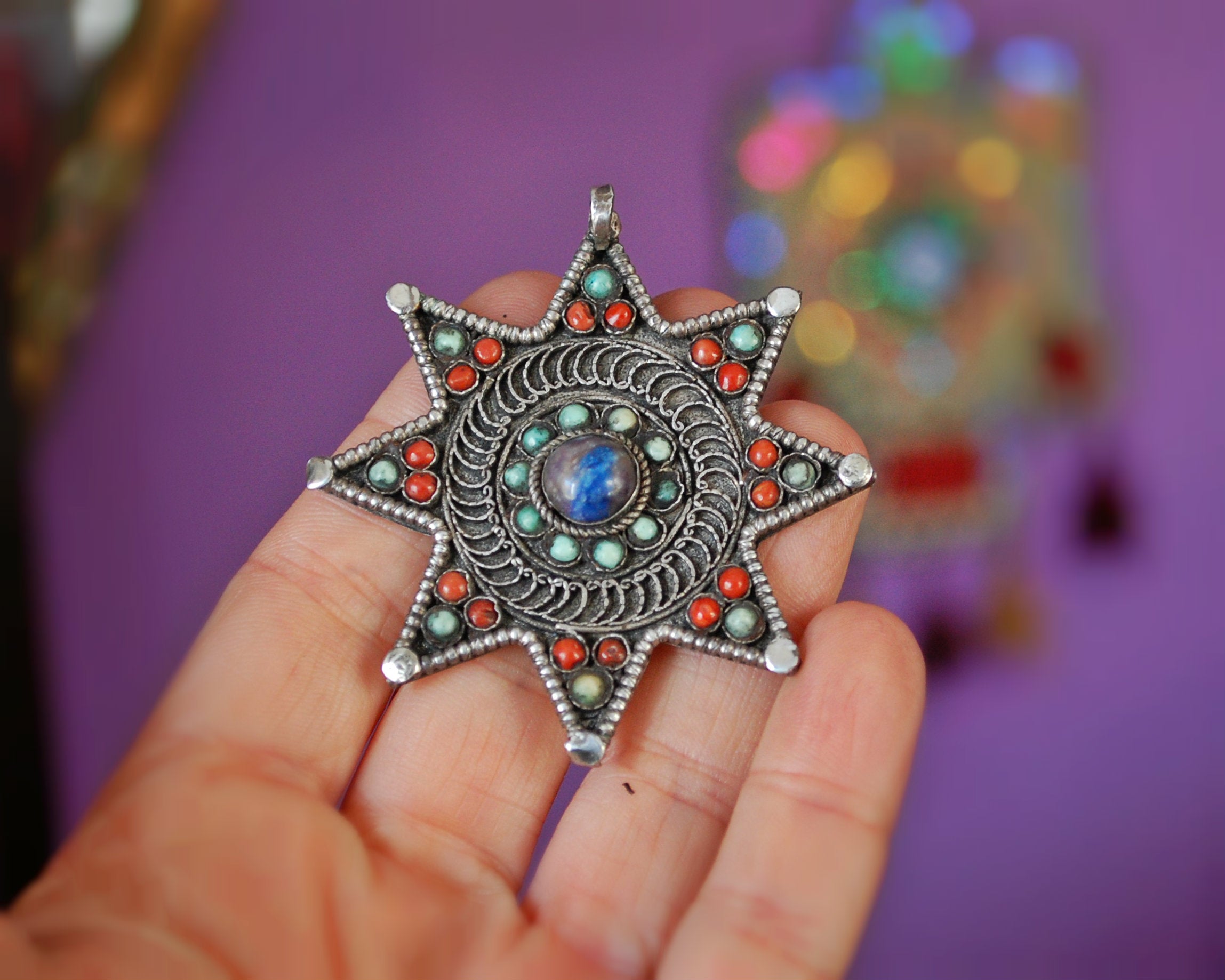 Nepali Star Pendant with Lapis Lazuli, Coral and Turquoise
