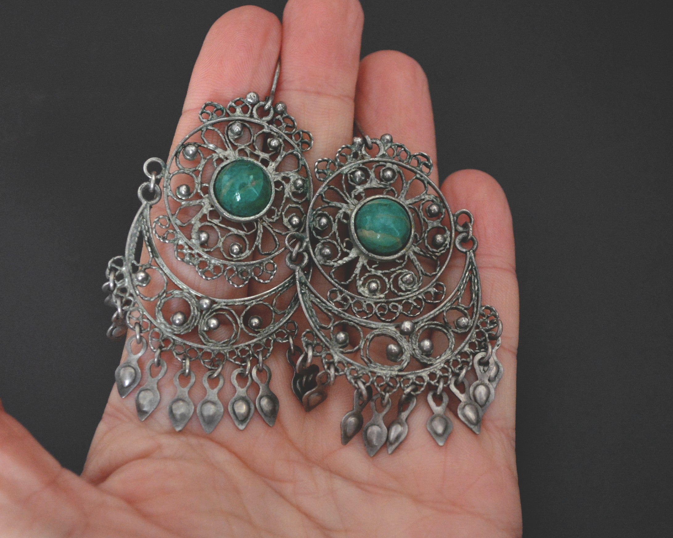 Ethnic Chrysocolla Filigree Dangle Earrings