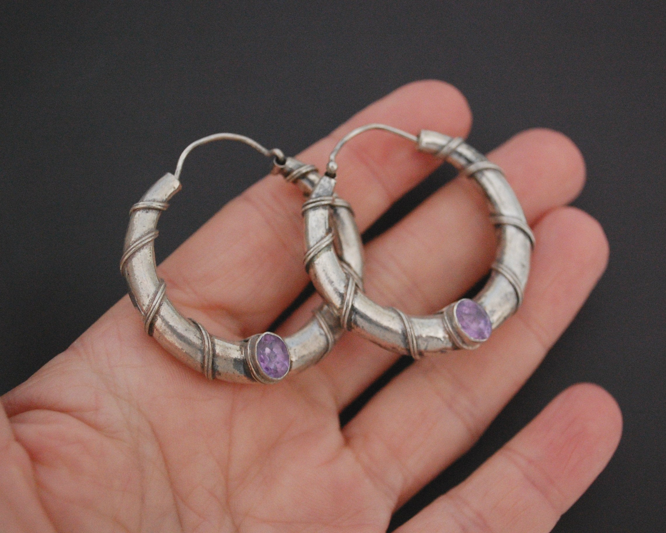 Ethnic Amethyst Hoop Earrings - MEDIUM / LARGE
