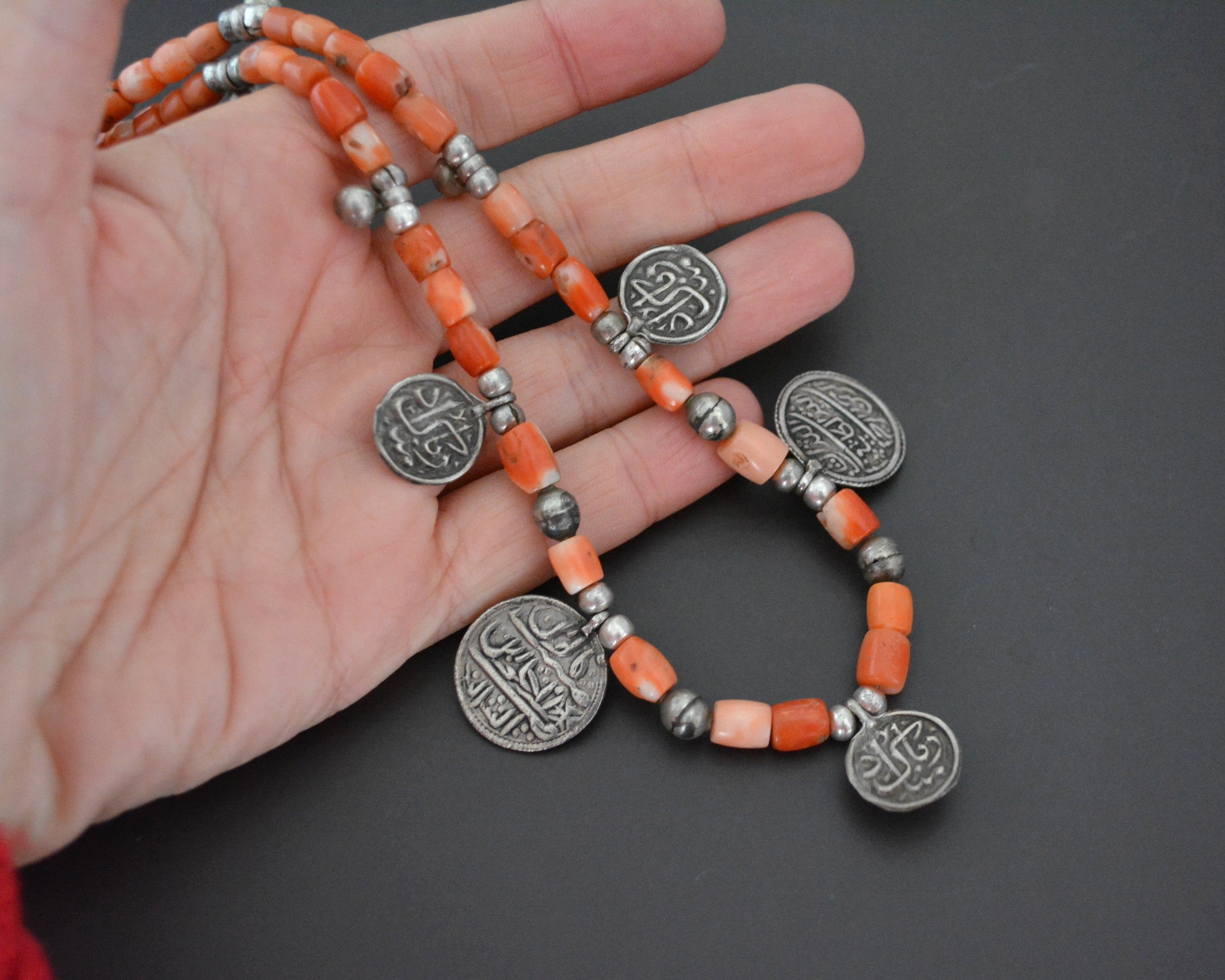 Coral Beads Necklace with Arabic Writing Coin Charms