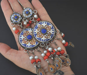 Huge Uzbek Enamelled Lapis Dangle Earrings