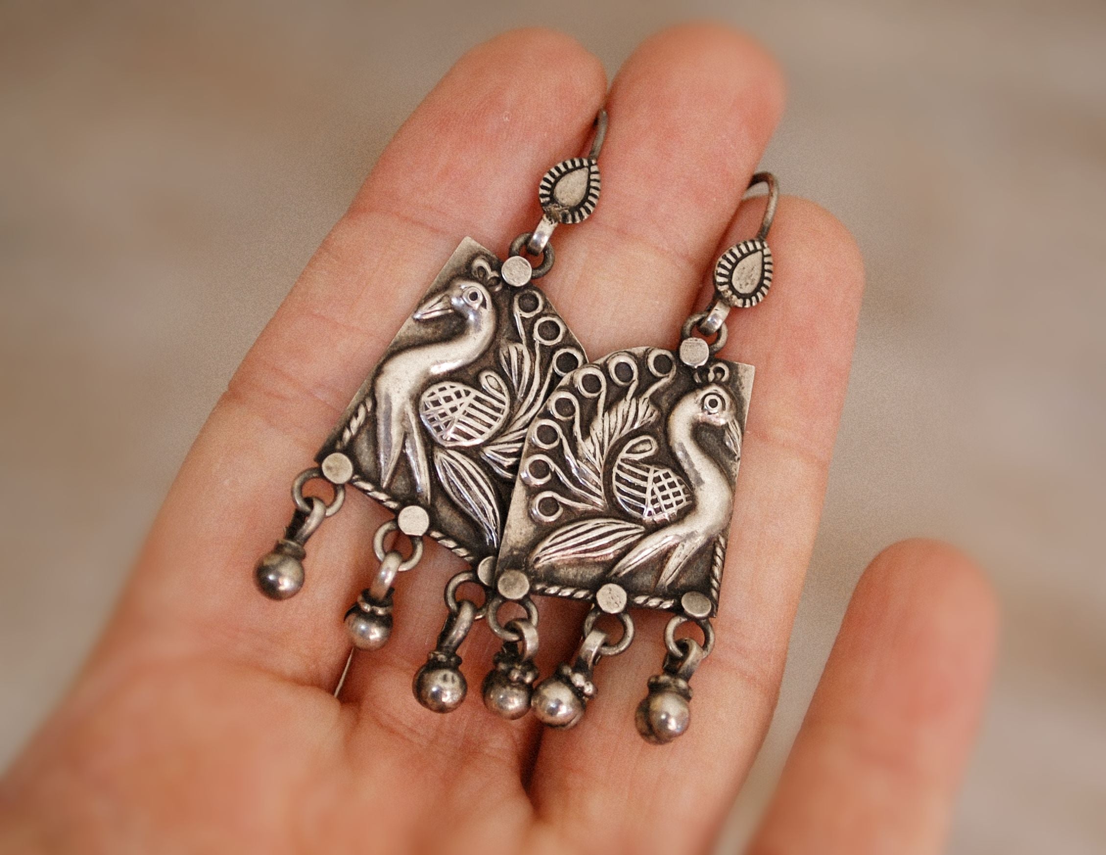 Rajasthani Silver Peacock Earrings with Bells