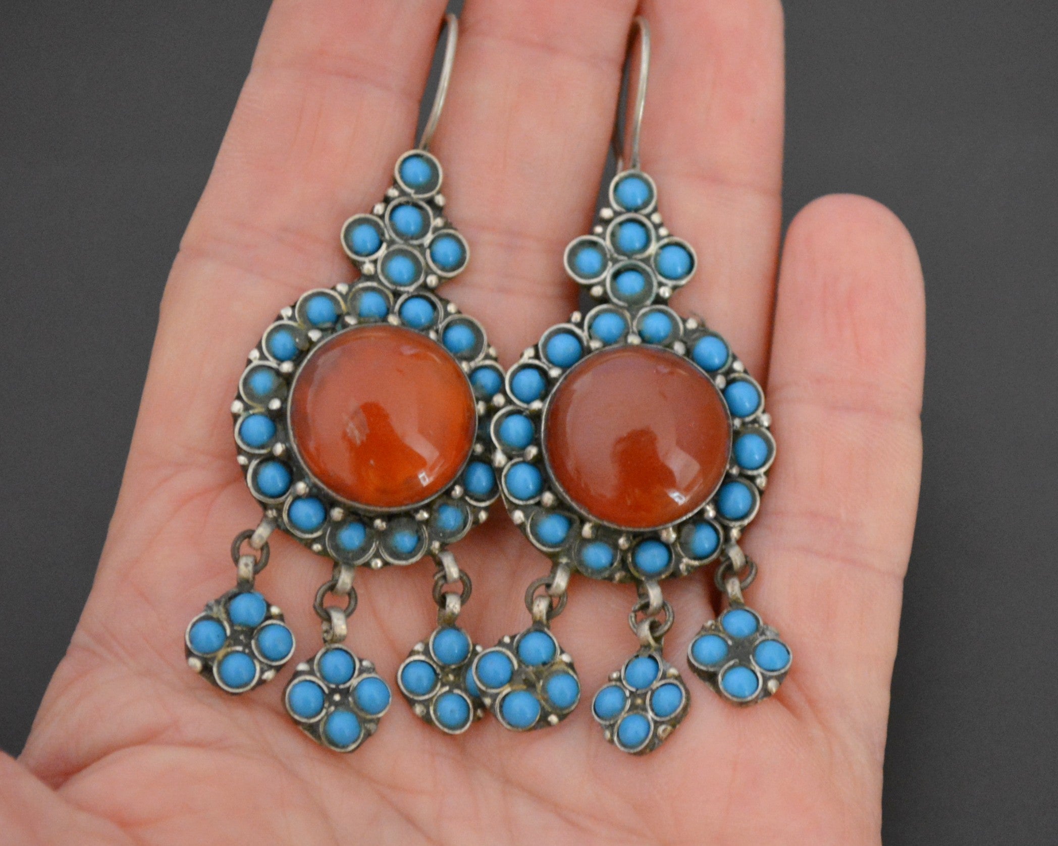Vintage Turkmen Earrings with Carnelian and Turquoise