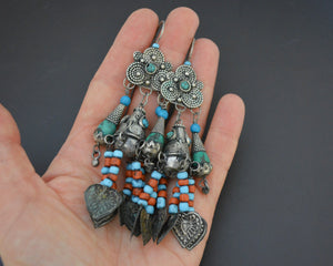 Huge Uzbek Coral Turquoise Dangle Earrings