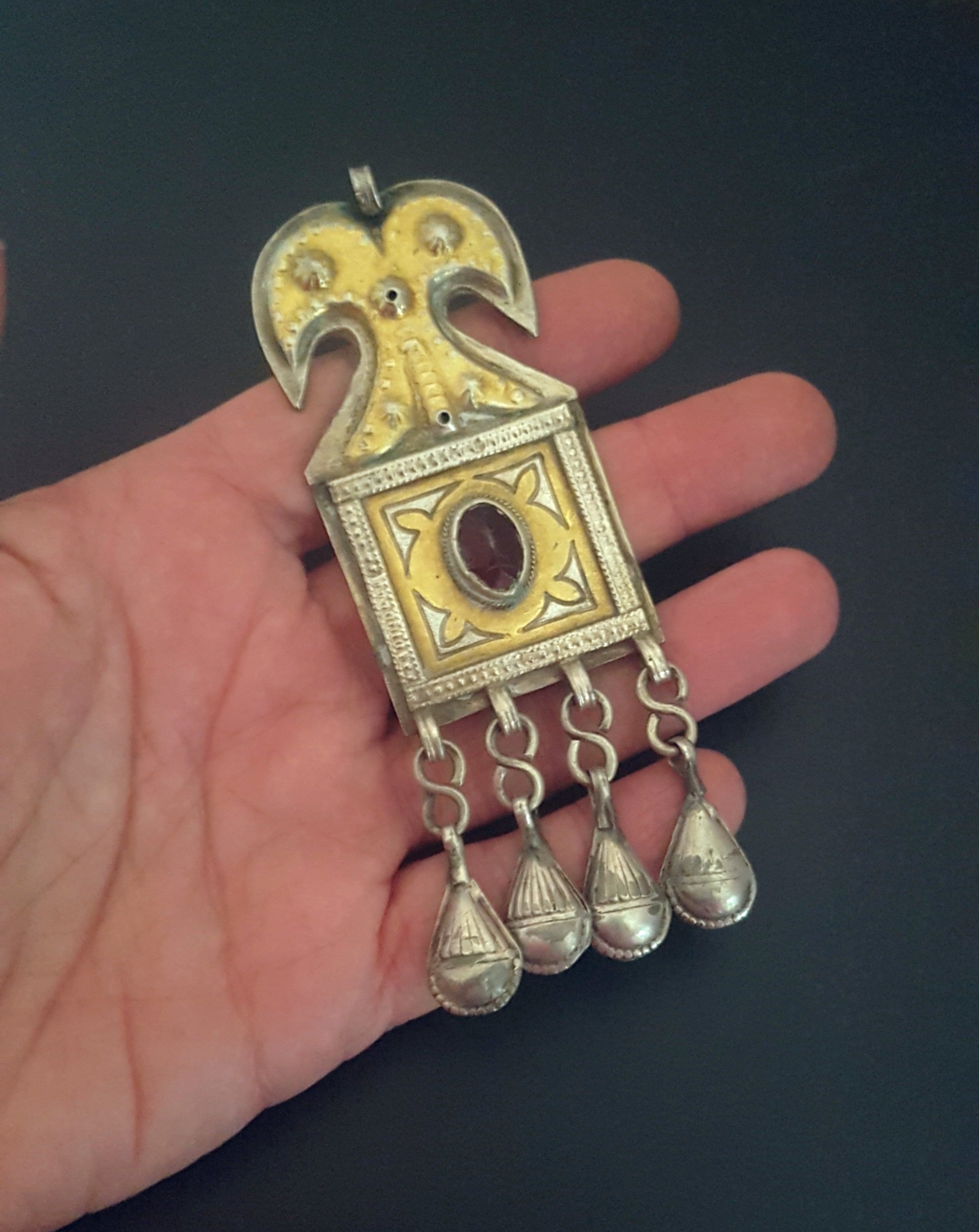 Turkmen Gilded Silver Pendant with Red Glass