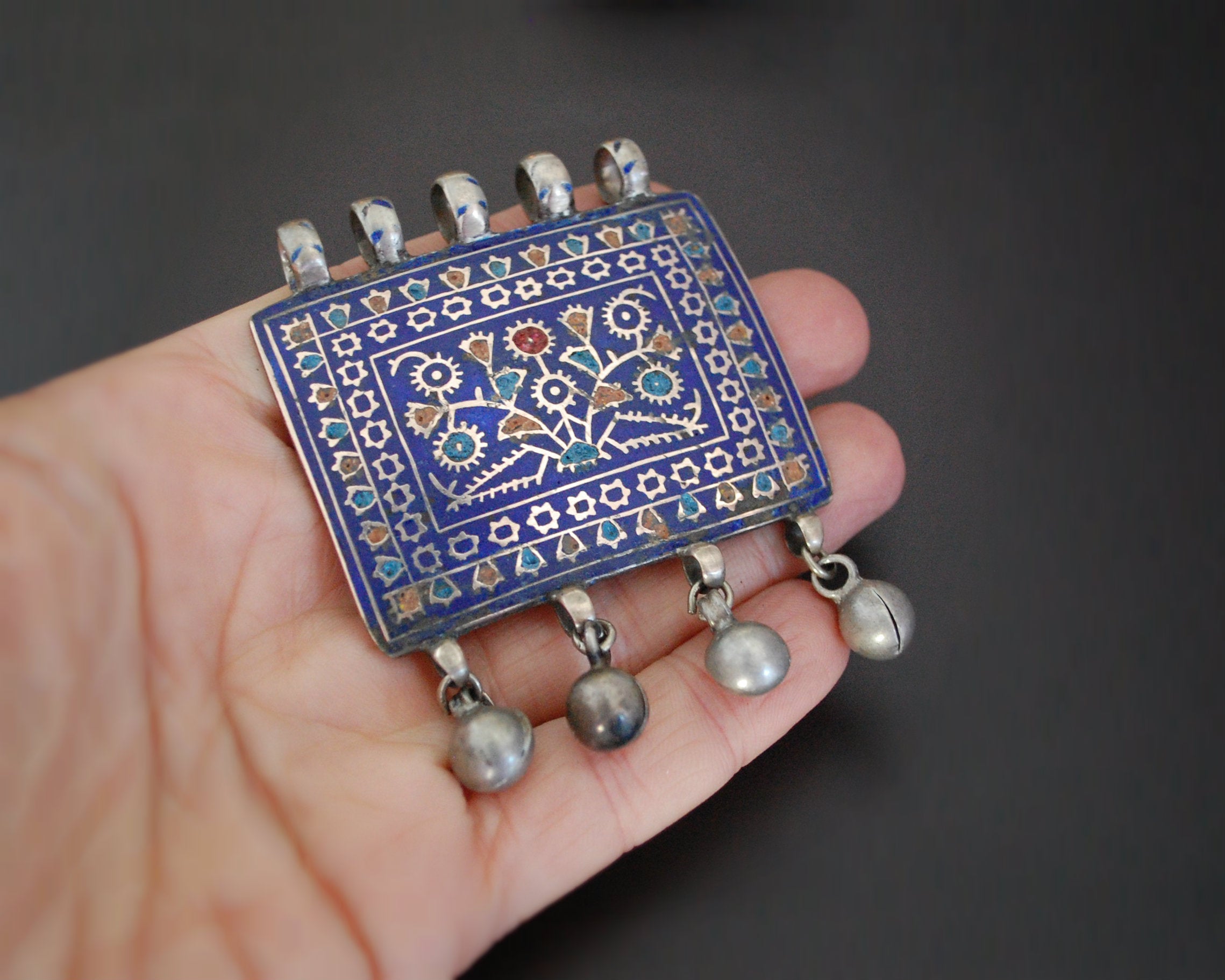 Multan Enamel Silver Pendant with Bells
