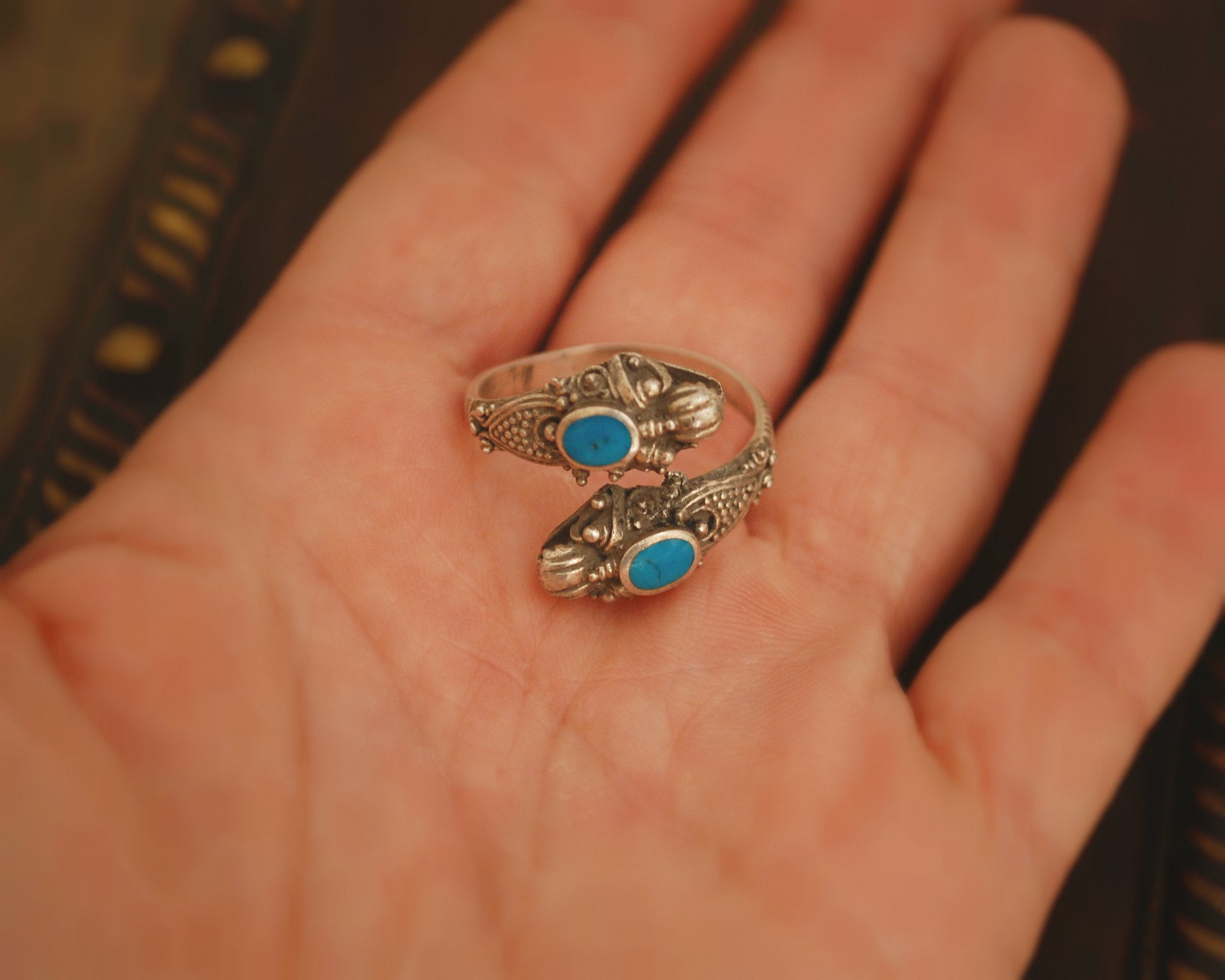 Double Dragon Turquoise Ring from Bali - Adjustable Size