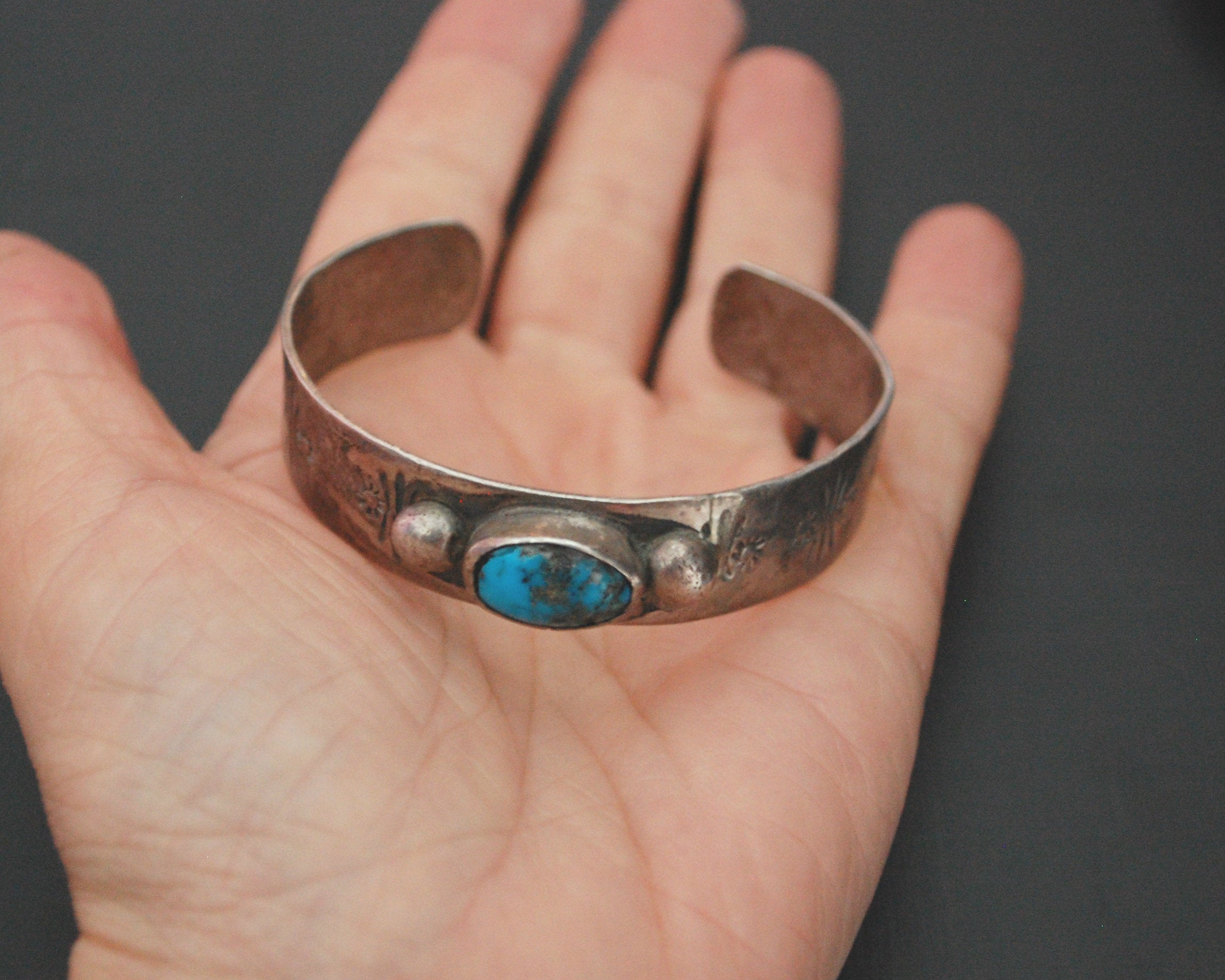 Old Navajo Stamped Turquoise Cuff Bracelet - SMALL