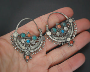 Antique Afghani Hoop Earrings with Turquoise and Coral