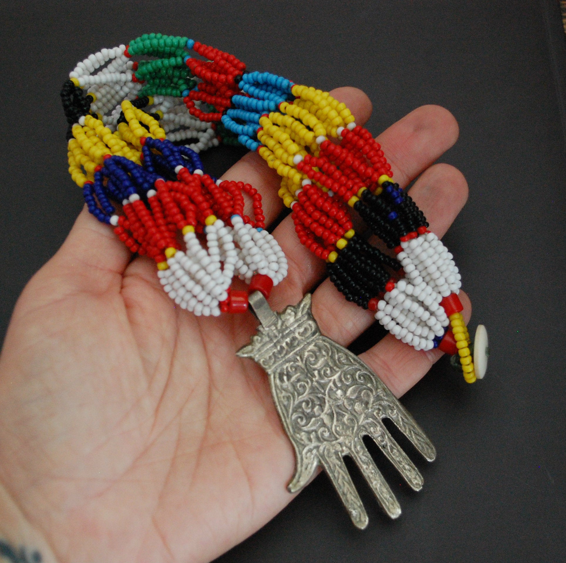 Berber Hamsa Necklace with Glass Beads
