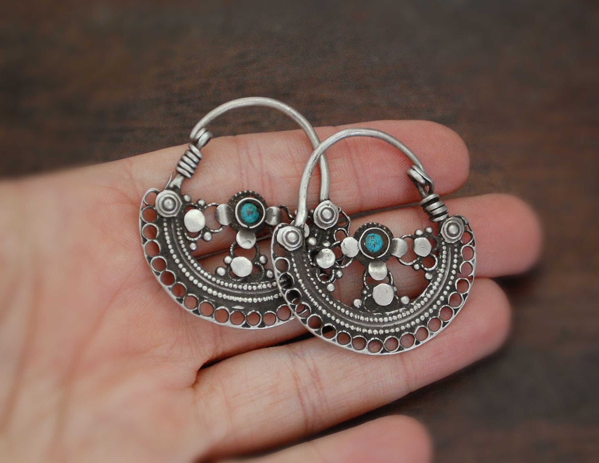 Antique Afghani Hoop Earrings with Turquoise