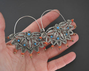 Uzbek Coral Turquoise Filigree Hoop Earrings