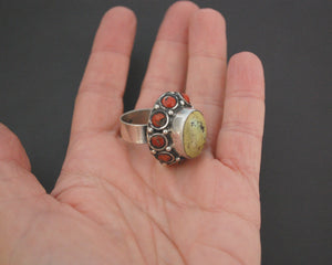 Ethnic Turquoise and Coral Ring from India - Size 7.5
