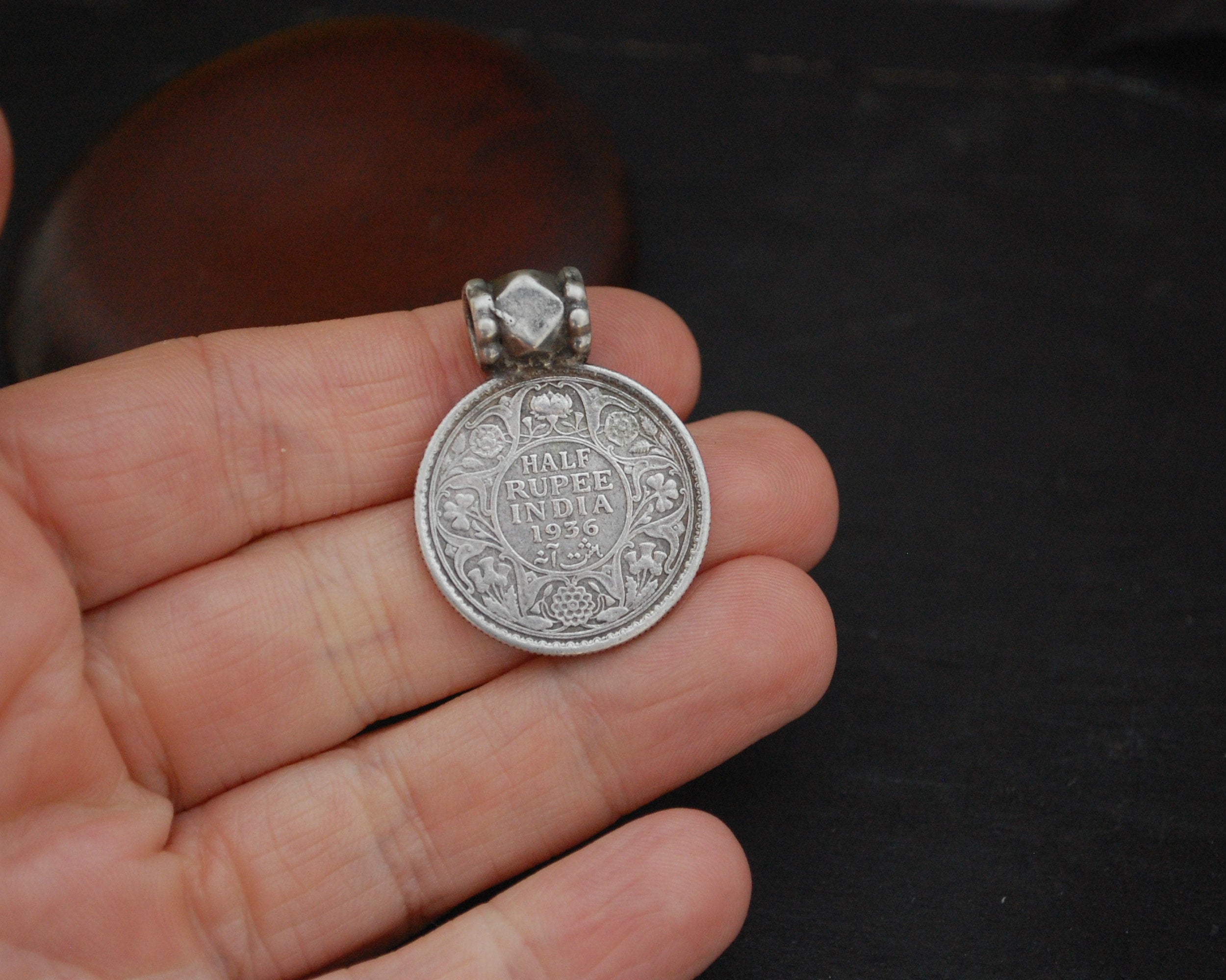 Antique Indian Half Rupee Coin Pendant 1936