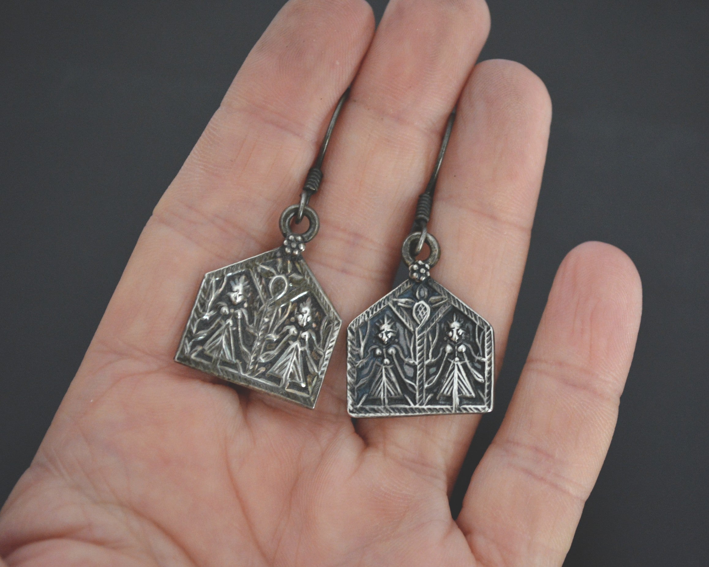 Hindu Amulet Silver Dangle Earrings