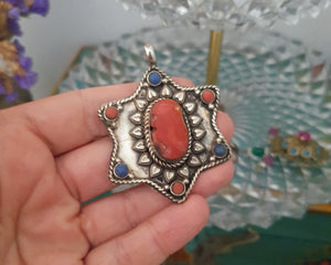 Nepali Star Pendant with Coral and Lapis Lazuli