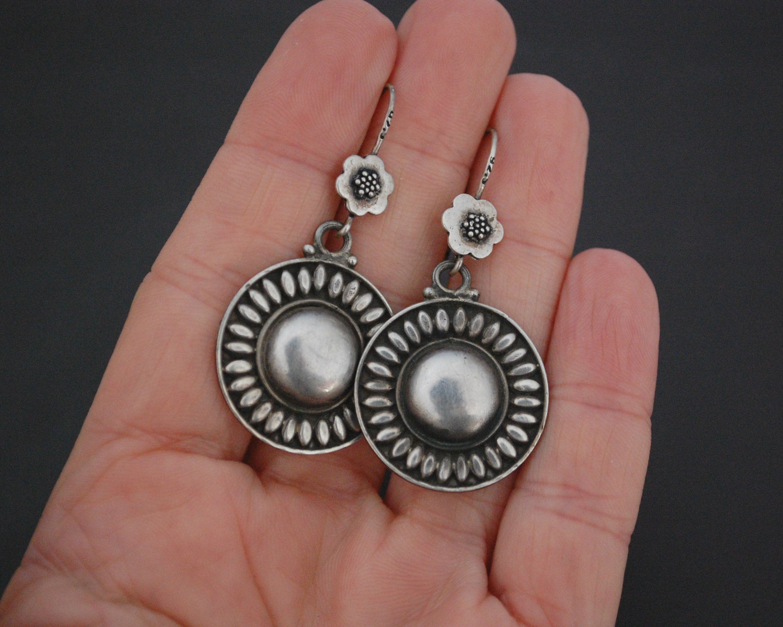 Indian Silver Dangle Earrings with Flower
