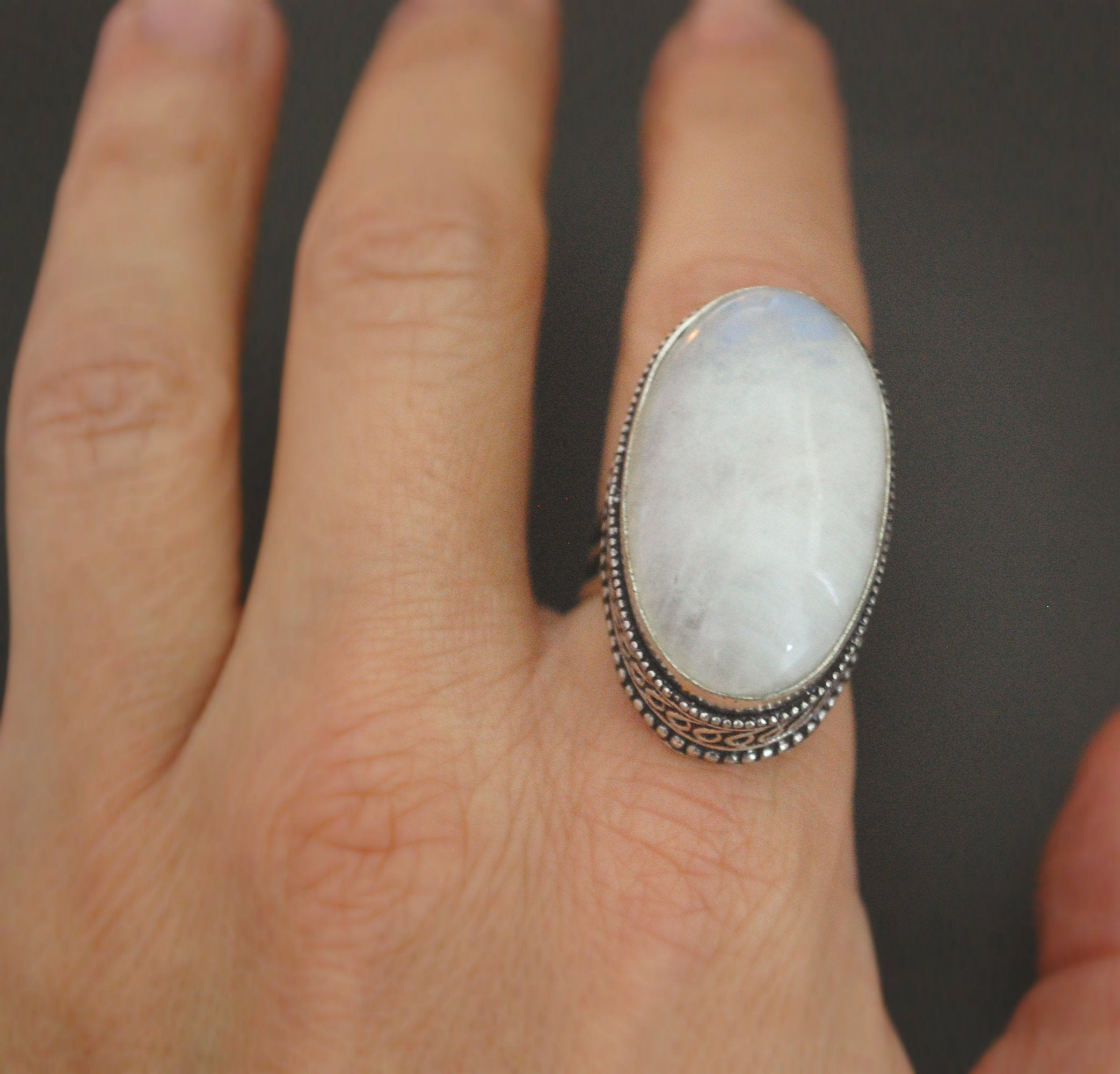 Rainbow Moonstone Ring from India - Size 6.5