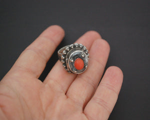 Vintage Coral Filigree Poison Ring - Size 7