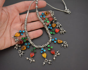 Colorful Rajasthani Silver Necklace with Glass Inserts